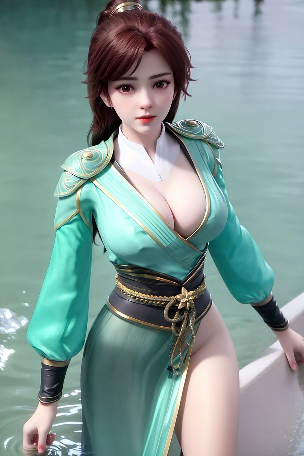 (8k, RAW photo, best quality, masterpiece:1.2),(realistic, photorealistic:1.3),ultra-detailed,extremely detailed cg 8k wallpaper,(crystalstexture skin:1.2),extremely delicate and beautiful,1girl,solo,long sleeves,green dress,water,  in the water, photo_\(medium\),(breasts, medium_breasts, cleavage),looking at viewer,standing,spread legs,