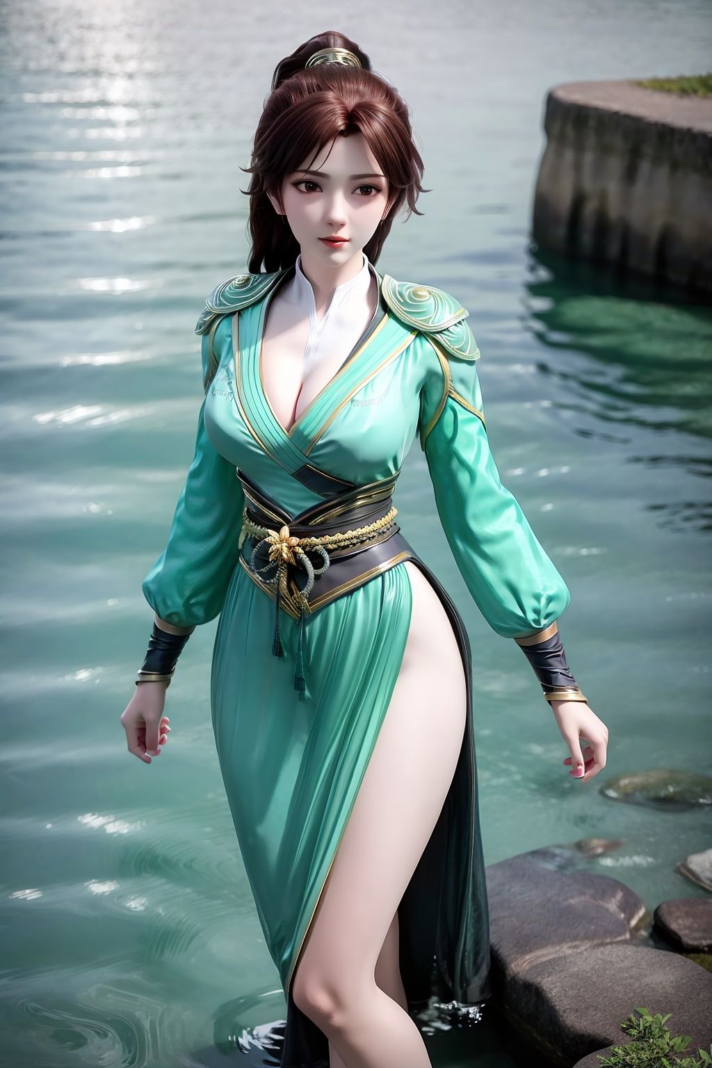 (8k, RAW photo, best quality, masterpiece:1.2),(realistic, photorealistic:1.3),ultra-detailed,extremely detailed cg 8k wallpaper,(crystalstexture skin:1.2),extremely delicate and beautiful,1girl,solo,long sleeves,green dress,water,in the water,photo_\(medium\),(breasts, medium_breasts, cleavage),looking at viewer,standing,bare legs,