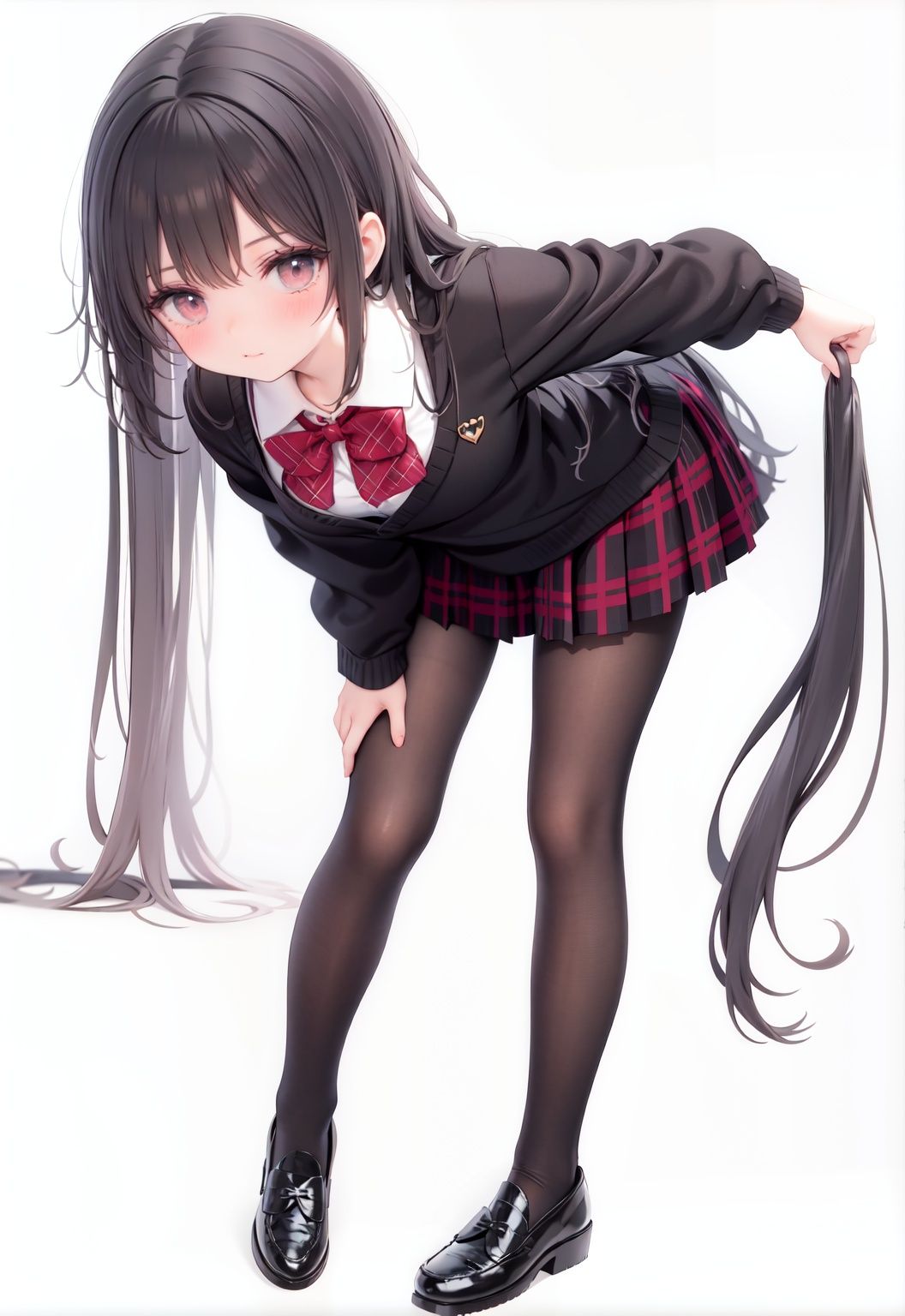  1girl, solo, pantyhose, skirt, long hair, loafers, shoes, simple background, school uniform, brown eyes, plaid, black pantyhose, plaid skirt, looking at viewer, black hair, pantyhose pull, full body, clothes pull, black footwear, pleated skirt, leaning forward, bangs, long sleeves, bent over, cardigan, bow, bowtie, standing, closed mouth, pulled by self, grey background, blush, miniskirt, red bow, sweater, **********