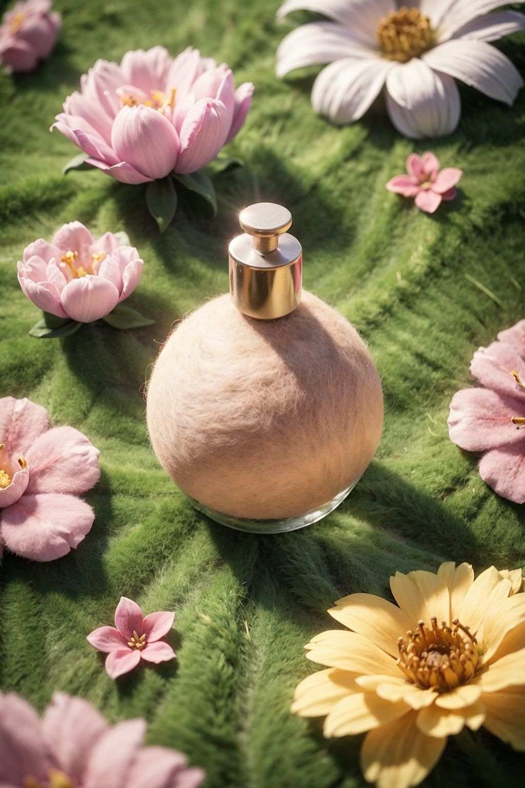 perfume bottle,best quality,(flower:1.2),highly detailed,(grass:1.1),lovely,(solo:1.1),<lora:yangmaozhan_20231007230852-000014:0.8>,wool felt texture,