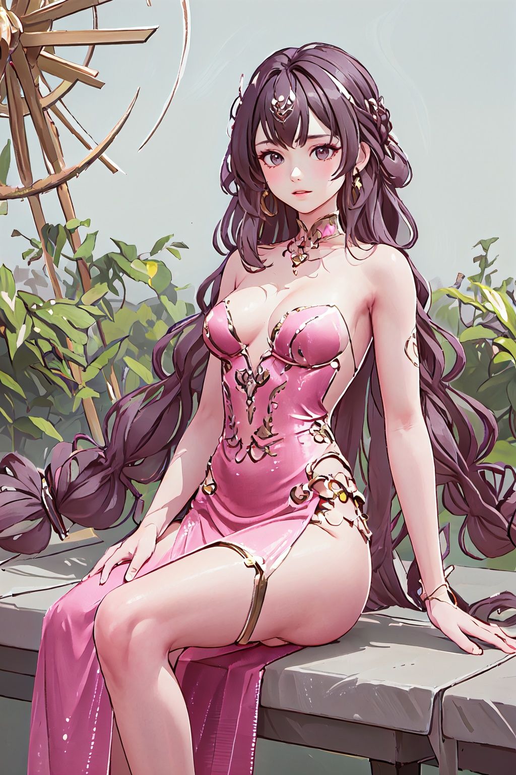  1girl,long hair,yifu,very long hair,pink long dress,sitting in garden,(((masterpiece,best quality))),depth_of_field,,long brown hair,twins braid,mole under eyes,earrings