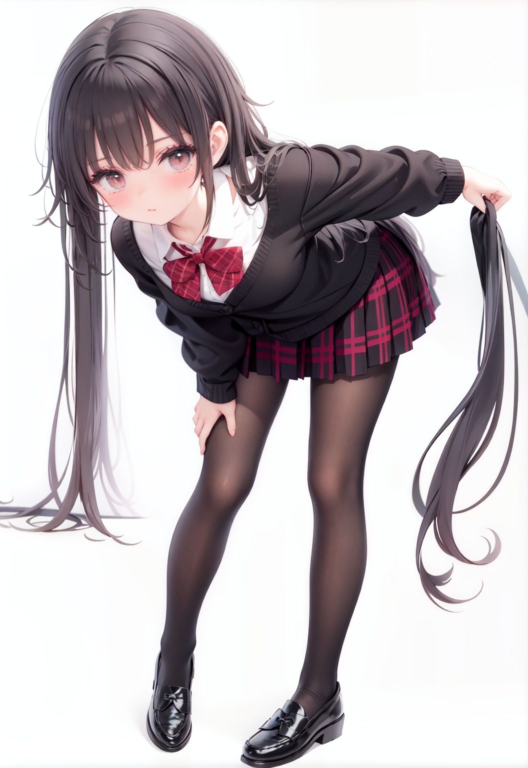  1girl, solo, pantyhose, skirt, long hair, loafers, shoes, simple background, school uniform, brown eyes, plaid, black pantyhose, plaid skirt, looking at viewer, black hair, pantyhose pull, full body, clothes pull, black footwear, pleated skirt, leaning forward, bangs, long sleeves, bent over, cardigan, bow, bowtie, standing, closed mouth, pulled by self, grey background, blush, miniskirt, red bow, sweater, **********