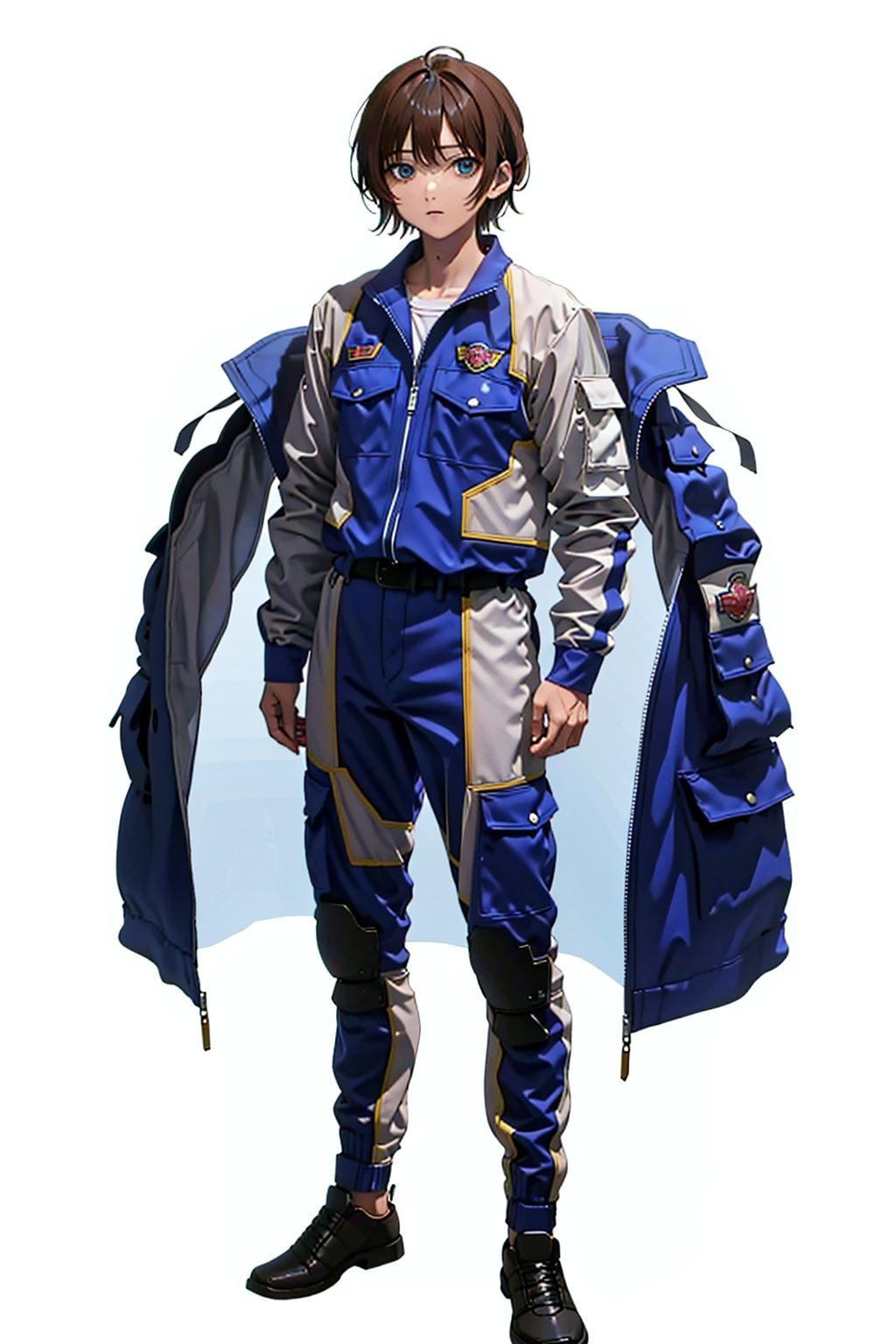  (masterpiece:1.3), (the best quality:1.2), (super fine illustrations:1.2), (Masterpiece), high quality, high detail,((white background:1.2)), looking at viewer, (SOLO:1.4),outline,,simple background,pocket,jewelry, figure, clothes writing,logo,military uniform,emblem,blue jacket,blue pants,pants,belt,uniform,police uniform,jacket