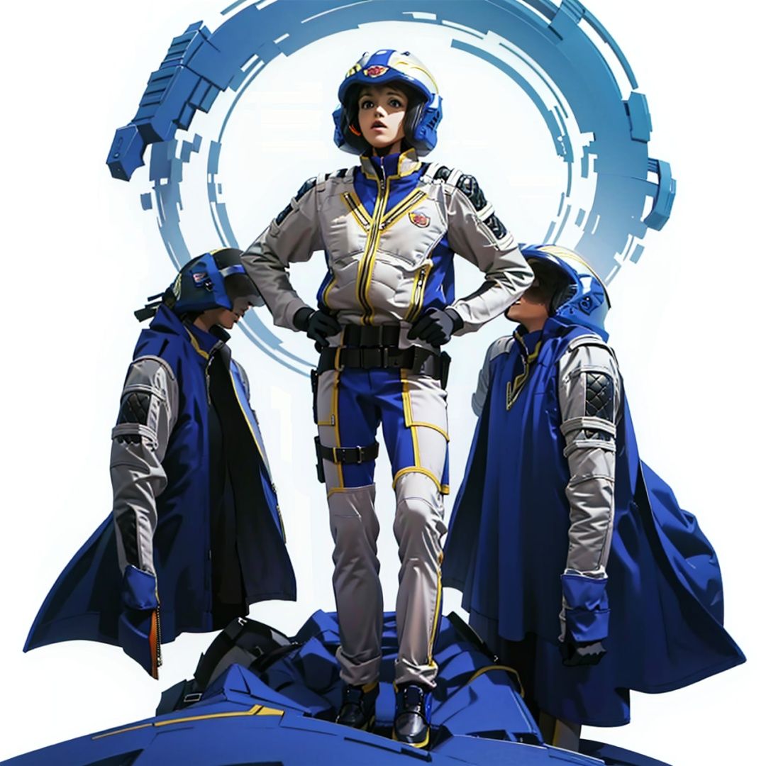 (masterpiece:1.3), (the best quality:1.2), (super fine illustrations:1.2), (Masterpiece), high quality, high detail,((white background:1.2)), looking at viewer, (SOLO:1.4),outline,,simple background,armor, blue headwear,pilot suit, shoulder pads,blue jacket,blue pants,police uniform, clothes writing,gloves,helmet,uniform,armor,pants,logo,military uniform,emblem,boots,belt