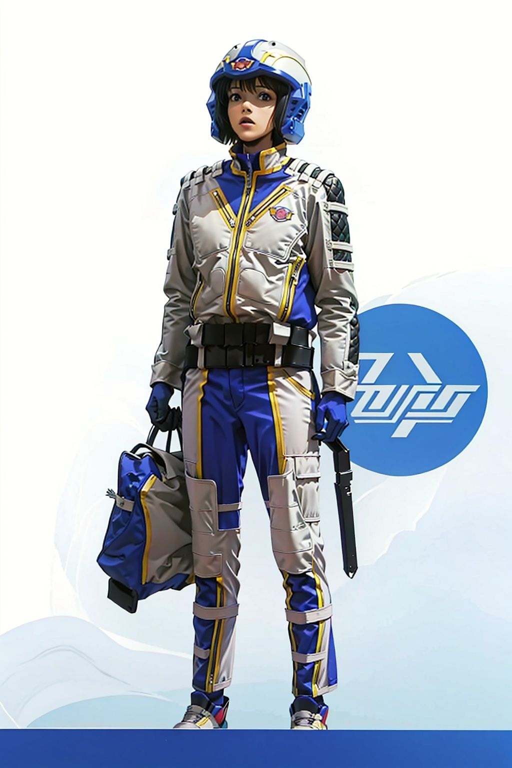  (masterpiece:1.3), (the best quality:1.2), (super fine illustrations:1.2), (Masterpiece), high quality, high detail,((white background:1.2)), looking at viewer, (SOLO:1.4),outline,,simple background,armor, blue headwear,pilot suit, shoulder pads,blue jacket,blue pants,police uniform, clothes writing,gloves,helmet,uniform,armor,pants,logo,military uniform,emblem,boots,belt