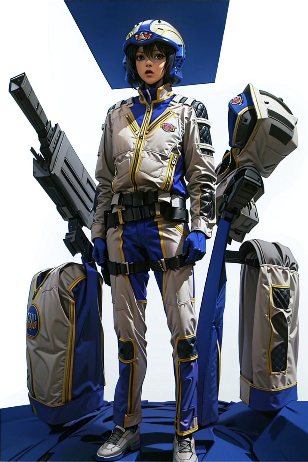  (masterpiece:1.3), (the best quality:1.2), (super fine illustrations:1.2), (Masterpiece), high quality, high detail,((white background:1.2)), looking at viewer, (SOLO:1.4),outline,,simple background,armor, blue headwear,pilot suit, shoulder pads,blue jacket,blue pants,police uniform, clothes writing,gloves,helmet,uniform,armor,pants,logo,military uniform,emblem,boots,belt