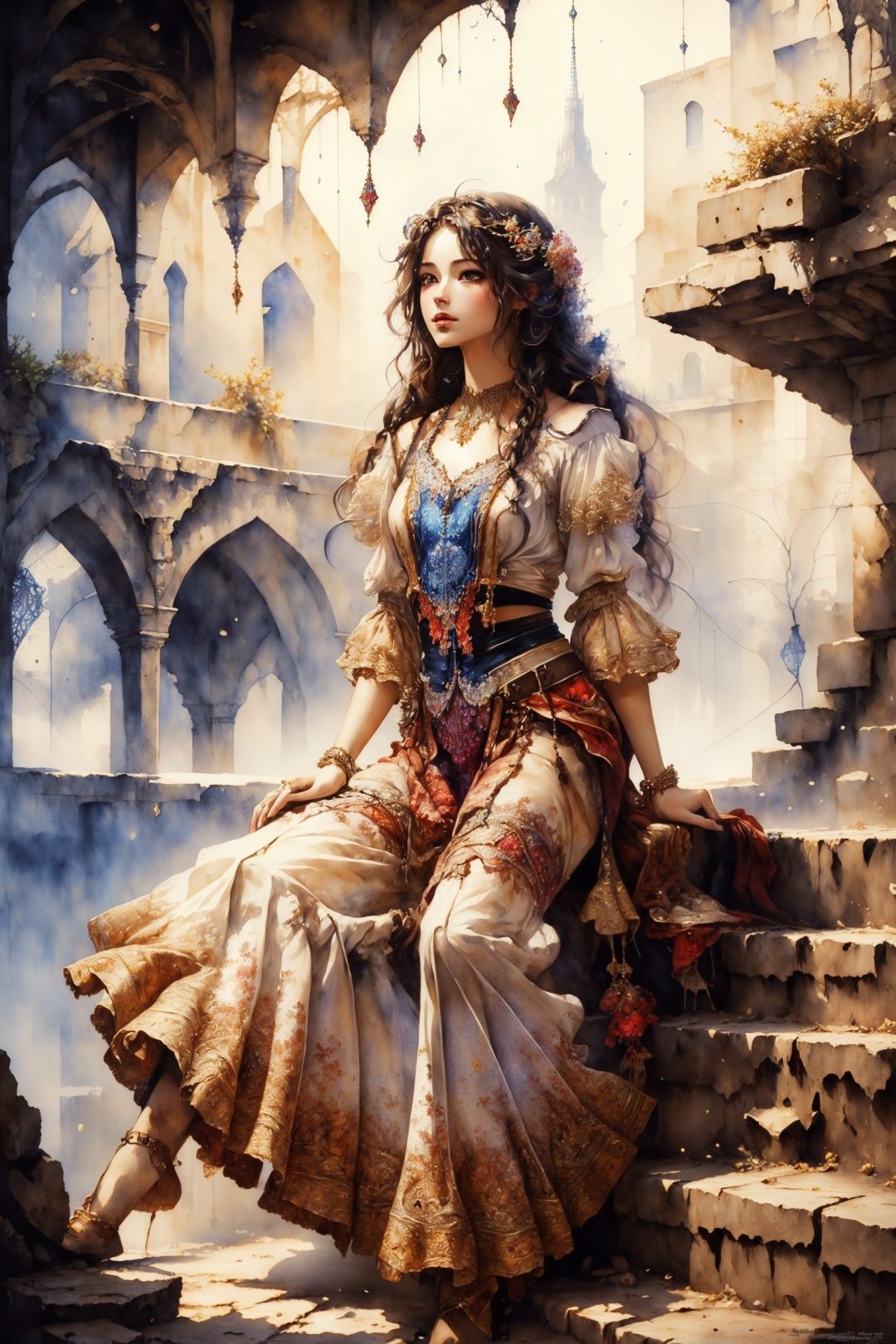  (masterpiece, top quality, best quality, official art, beautiful and aesthetic:1.2), (1girl), extreme detailed,(fractal art:1.3),colorful,highest detailed,Dreamy Atmosphere,Bright color,Complete clothes., watercolor