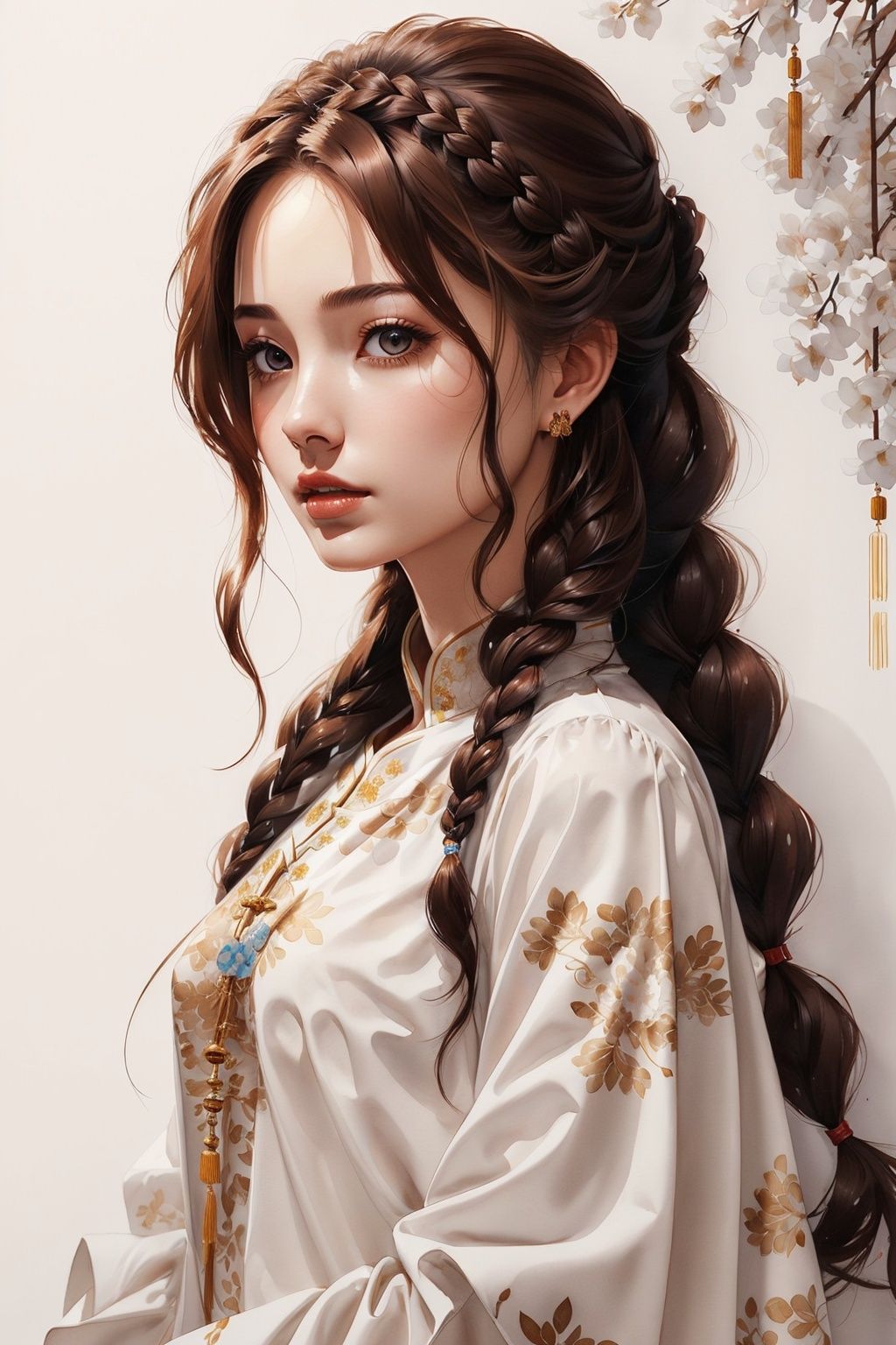  1 girl, ( brown long hair:1.3),(two braid:1.2),,mole under eyes,earrings,huanshuyifu,white background,(white chinese clothes:1.3),hide hand behind back,(((masterpiece,best quality))),((good structure,Good composition,good atomy)), ((clear, original,beautiful)), watercolor
