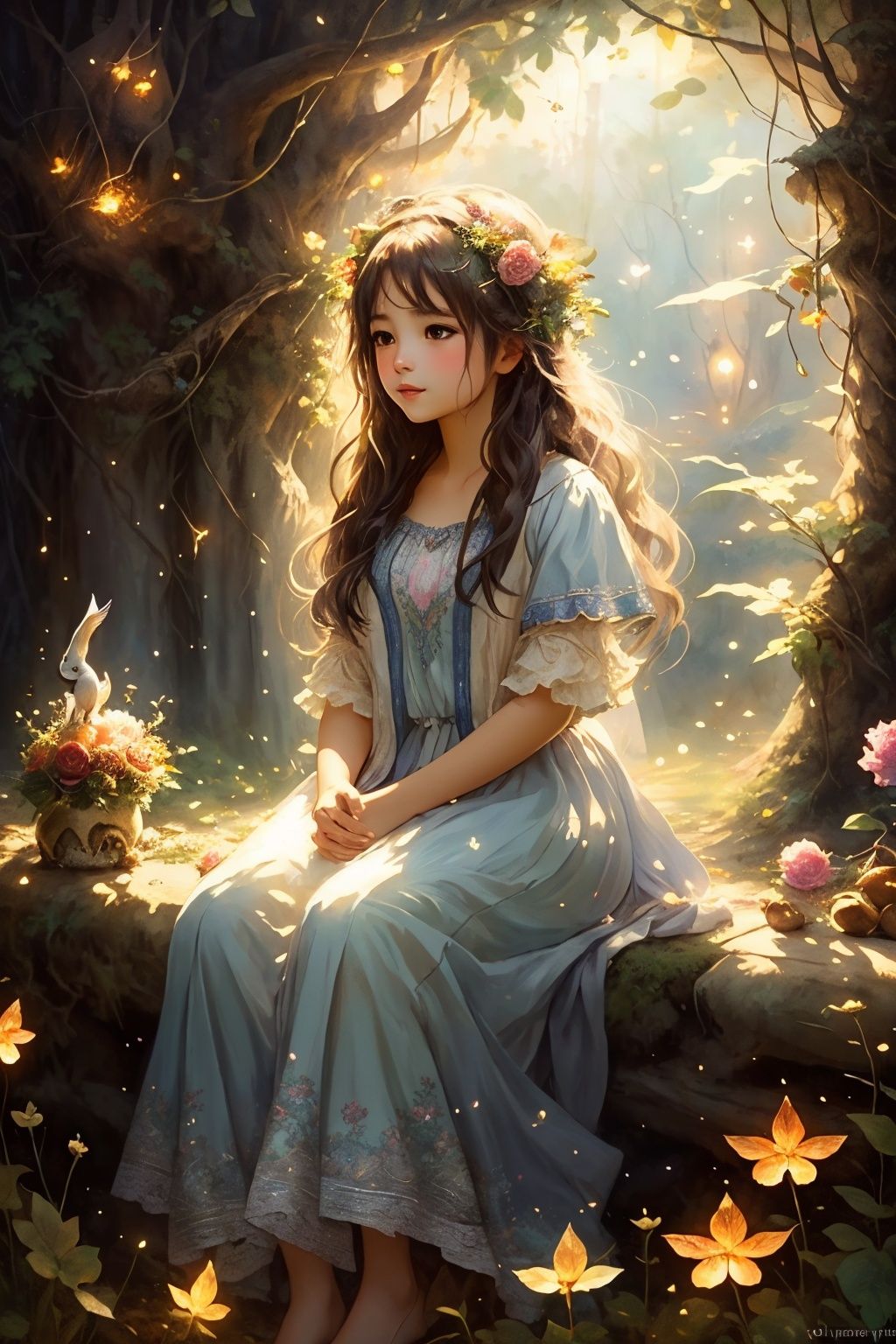  masterpiece, best quality, high quality,extremely detailed CG unity 8k wallpaper, An enchanting and dreamy scene of a fantasy forest, (with towering trees), glowing mushrooms, and hidden fairy glens, creating a sense of mystique and enchantment, BREAK, (1 cute girl, solo, chasing fireflies:1.5, full body), artstation, digital illustration, intricate, trending, pastel colors, oil paiting, award winning photography, Bokeh, Depth of Field, HDR, bloom, Chromatic Aberration ,Photorealistic,extremely detailed, trending on artstation, trending on CGsociety, Intricate, High Detail, dramatic, watercolor