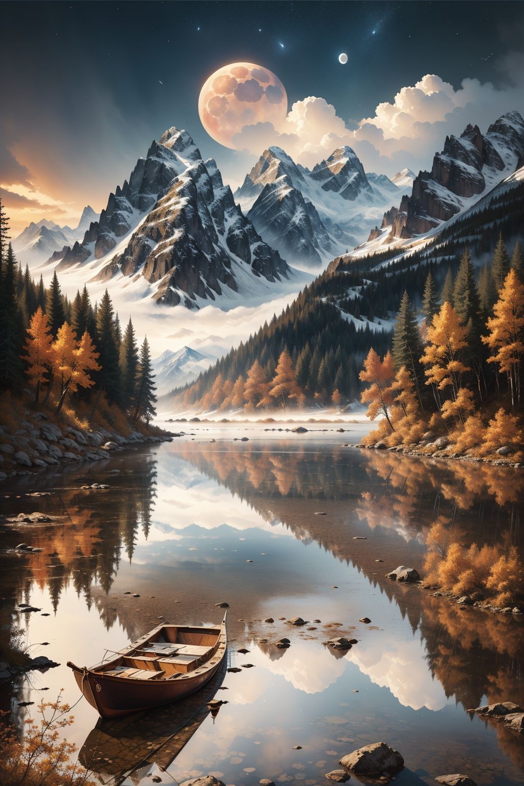  photo RAW,(autumn,mountains and a storm lake with a moon in the sky, old wooden slab home, 4k highly detailed digital art, 4 k hd wallpaper very detailed, impressive fantasy landscape, sci-fi fantasy desktop wallpaper, 4k wallpaper, 4k detailed hdr photography, sci-fi fantasy wallpaper, epic dreamlike fantasy landscape, 4k hd matte, 8k,Realistic, realism, hd, 35mm photograph, 8k), masterpiece, award winning photography, natural light, perfect composition, high detail, hyper realistic, (composition centering, conceptual photography), realistic, detailed, balanced, by Trey Ratcliff, Klaus Herrmann, Serge Ramelli, Jimmy McIntyre, Elia Locardi, watercolor