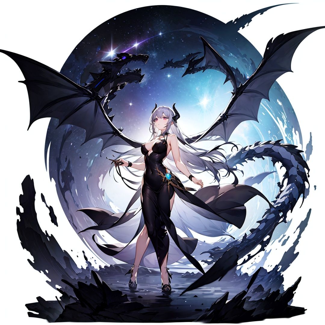 (masterpiece, best quality,top quality),[(white background:1.5)::5],(wide shot:0.95),(full body),Dynamic angle,solo,1girl,looking at viewer,(dragon_horns:1.1),demon_wings,silver hair,legs_together,(black long dress:1.2),black magic,purple theme,(universe in background:1.2),star_(sky),planet in background,hyper_galaxy,depth_of_field,particle effects,