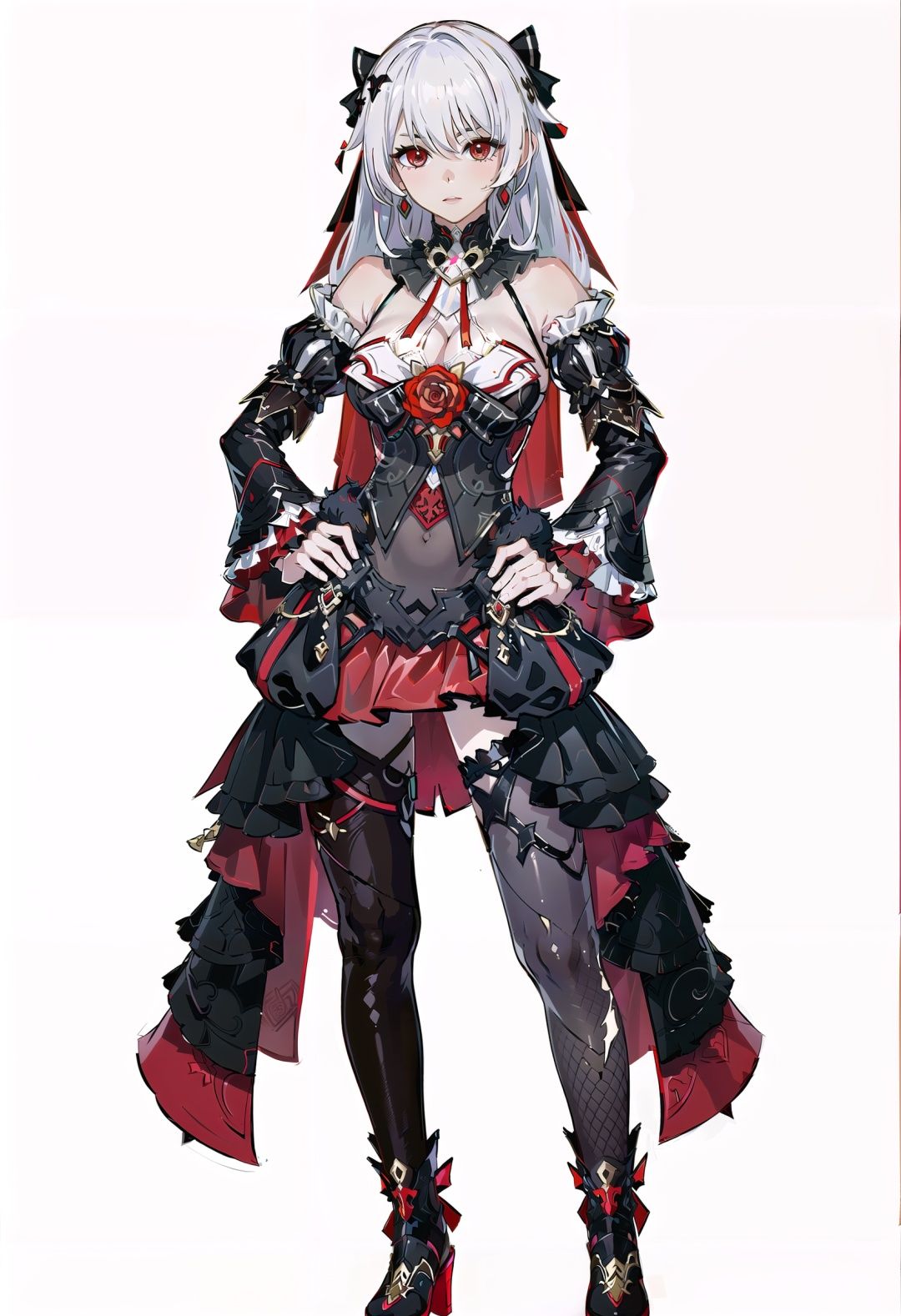8k, best quality, masterpiece, (ultra-detailed:1.1), (high detailed skin), (full body:1.2), white background, standing, looking at viewer, solo, hand on hip, <lora:shiyue2-v100-000028:0.8:lbw=OUTALL>, shiyue, red eyes, breasts, long hair, cleavage, black dress, white hair, thighhighs, hair ornament, bare shoulders, detached sleeves, jewelry, earrings, red Wedding Veil, (white background, simple background,:1.2), <lora:EnvyBetterHands LoCon_beta2 辅助:0.55>, ( good hands, nice hands:0.5), (beautiful_face), ((intricate_detail)), clear face, ((finely_detailed)), fine_fabric_emphasis, ((glossy)), full_shot, 