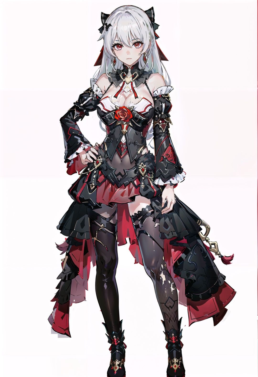 8k, best quality, masterpiece, (ultra-detailed:1.1), (high detailed skin), (full body:1.2), white background, standing, looking at viewer, solo, hand on hip, <lora:shiyue2-v100:0.8:lbw=OUTALL>, shiyue, red eyes, breasts, long hair, cleavage, black dress, white hair, thighhighs, hair ornament, bare shoulders, detached sleeves, jewelry, earrings, red Wedding Veil, (white background, simple background,:1.2), <lora:EnvyBetterHands LoCon_beta2 辅助:0.55>, ( good hands, nice hands:0.5), (beautiful_face), ((intricate_detail)), clear face, ((finely_detailed)), fine_fabric_emphasis, ((glossy)), full_shot, 