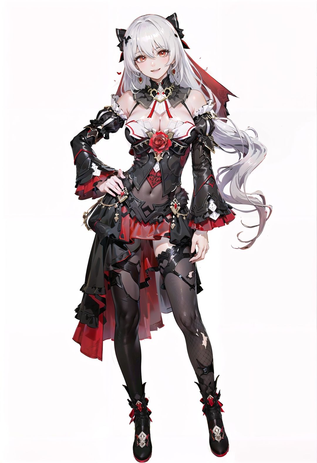 8k, best quality, masterpiece, (ultra-detailed:1.1), (high detailed skin), (full body:1.2), white background, standing, looking at viewer, solo, hand on hip, (laughing, crazy laugh,:1.2), <lora:shiyue2-v100:0.8:lbw=OUTALL>, shiyue, (red Wedding Veil:1.1), red eyes, breasts, long hair, cleavage, black dress, white hair, thighhighs, hair ornament, bare shoulders, detached sleeves, jewelry, earrings, (white background, simple background,:1.2), <lora:EnvyBetterHands LoCon_beta2 辅助:0.55>, ( good hands, nice hands:0.5), (beautiful_face), ((intricate_detail)), clear face, ((finely_detailed)), fine_fabric_emphasis, ((glossy)), full_shot, 