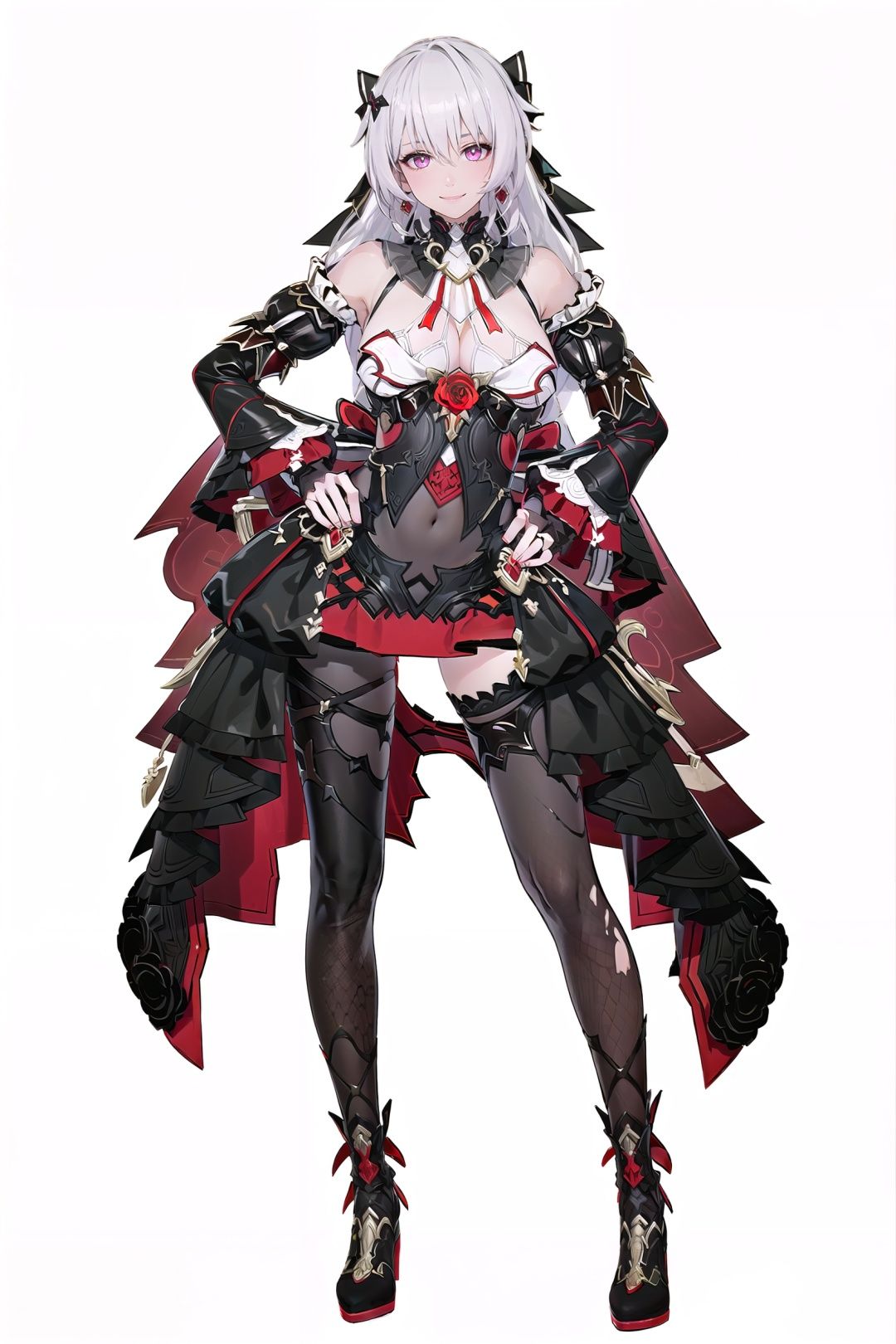 8k, best quality, masterpiece, (ultra-detailed:1.1), (high detailed skin), (full body:1.2), white background, standing, looking at viewer, solo, hand on hip, <lora:shiyue-v100-000028:1:lbw=OUTALL>, shiyue, red eyes, breasts, long hair, cleavage, black dress, white hair, thighhighs, hair ornament, bare shoulders, detached sleeves, jewelry, earrings, Wedding Veil, (white background, simple background,:1.2), <lora:EnvyBetterHands LoCon_beta2 辅助:0.55>, ( good hands, nice hands:0.5), (beautiful_face), ((intricate_detail)), clear face, ((finely_detailed)), fine_fabric_emphasis, ((glossy)), full_shot, 