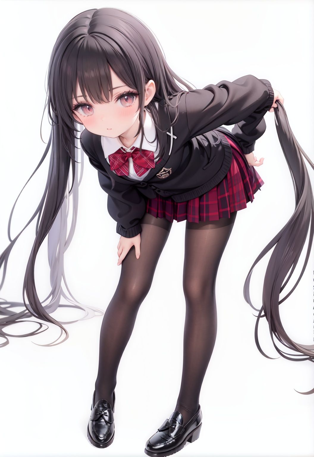  1girl, solo, pantyhose, skirt, long hair, loafers, shoes, simple background, school uniform, brown eyes, plaid, black pantyhose, plaid skirt, looking at viewer, black hair, pantyhose pull, full body, clothes pull, black footwear, pleated skirt, leaning forward, bangs, long sleeves, bent over, cardigan, bow, bowtie, standing, closed mouth, pulled by self, grey background, blush, miniskirt, red bow, sweater, **********