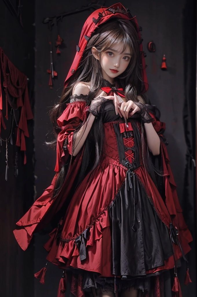  (Good structure), HDR, UHD, 8K, A real person, Highly detailed, best quality, masterpiece, 1girl, realistic, Highly detailed, (EOS R8, 50mm, F1.2, 8K, RAW photo:1.2), ultra realistic 8k, (best illumination, best shadow, extremely delicate and beautiful), (official art, beautiful and aesthetic:1.2), pose for picture, Dynamic pose, looking_at_viewer, lips, (perfect body), (solo), 1girl, , long hair, Wind, flowing hair, big_breast, kind smile,wangyushan,
red dress,black dress,,vampire,wings,dress, gothic lolita, frills, lace, little red riding hood \(grimm\), lolita fashion, Halloween background, pumpkin,wuhaha
