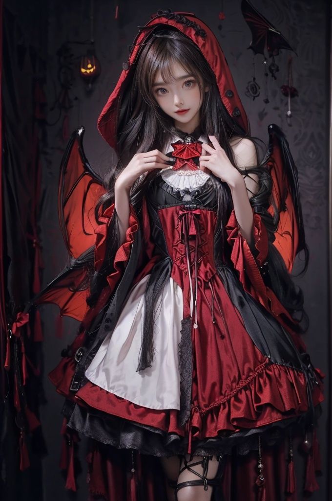  (Good structure), HDR, UHD, 8K, A real person, Highly detailed, best quality, masterpiece, 1girl, realistic, Highly detailed, (EOS R8, 50mm, F1.2, 8K, RAW photo:1.2), ultra realistic 8k, (best illumination, best shadow, extremely delicate and beautiful), (official art, beautiful and aesthetic:1.2), pose for picture, Dynamic pose, looking_at_viewer, lips, (perfect body), (solo), 1girl, , long hair, Wind, flowing hair, big_breast, kind smile,wangyushan,
red dress,black dress,,vampire,wings,dress, gothic lolita, frills, lace, little red riding hood \(grimm\), lolita fashion, Halloween background, pumpkin,wuhaha
