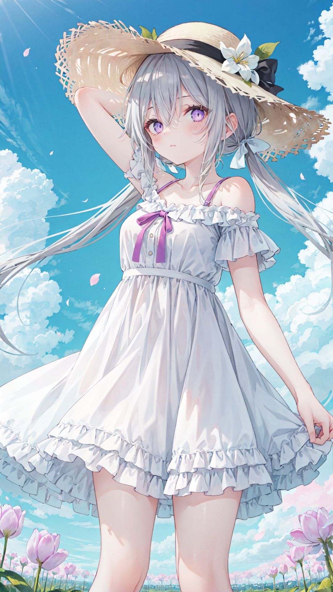 1girl, outdoors, solo, hat, dress, flower, tulip, purple eyes, long hair, white dress, looking at viewer, ribbon, pink flower, bangs, straw hat, day, sky, blush, hair ribbon, yellow flower, blue sky, red ribbon, bare shoulders, field, bow, twintails, petals, closed mouth, off shoulder, flower field, hair between eyes, tree, cloud, plaid, off-shoulder dress, grey hair, standing, hat bow, floating hair, arm up, wind, frills, low twintails, breasts