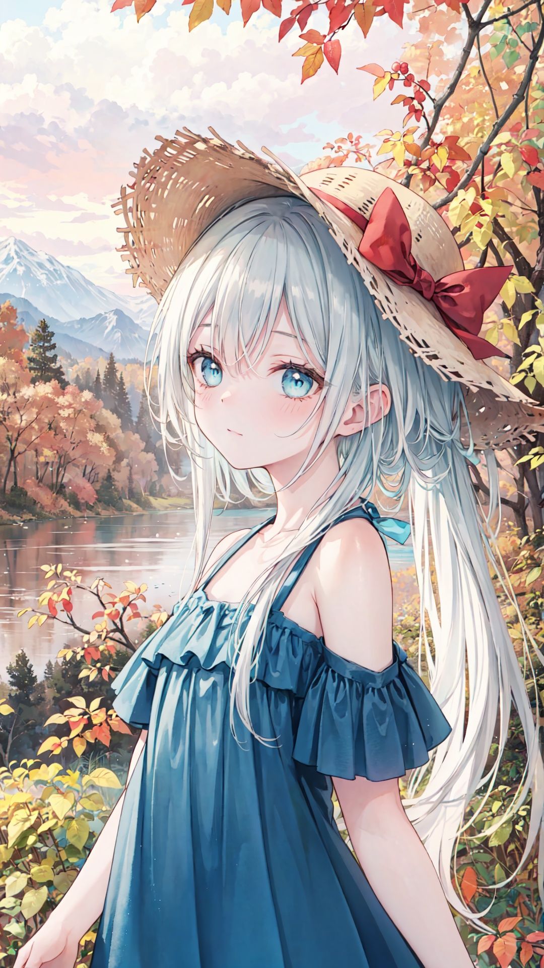 ((masterpiece:1.4, best quality))+, (ultra detailed)+, (watercolor:1.2), cute 1girl, straw hat, flowers, silver hair, very long hair, aqua eyes, flat chest, closed mouth, faint smile, (blue dress:1.3), bare shoulders, bow, upper body, from side, BREAK, (depth of field:1.4), bare tree, autumn, (autumn leaves:1.4), branch, bare stones, mountains in the distance, lake, cloud, zentangle background, scenery, yellow and red sky, autumn light