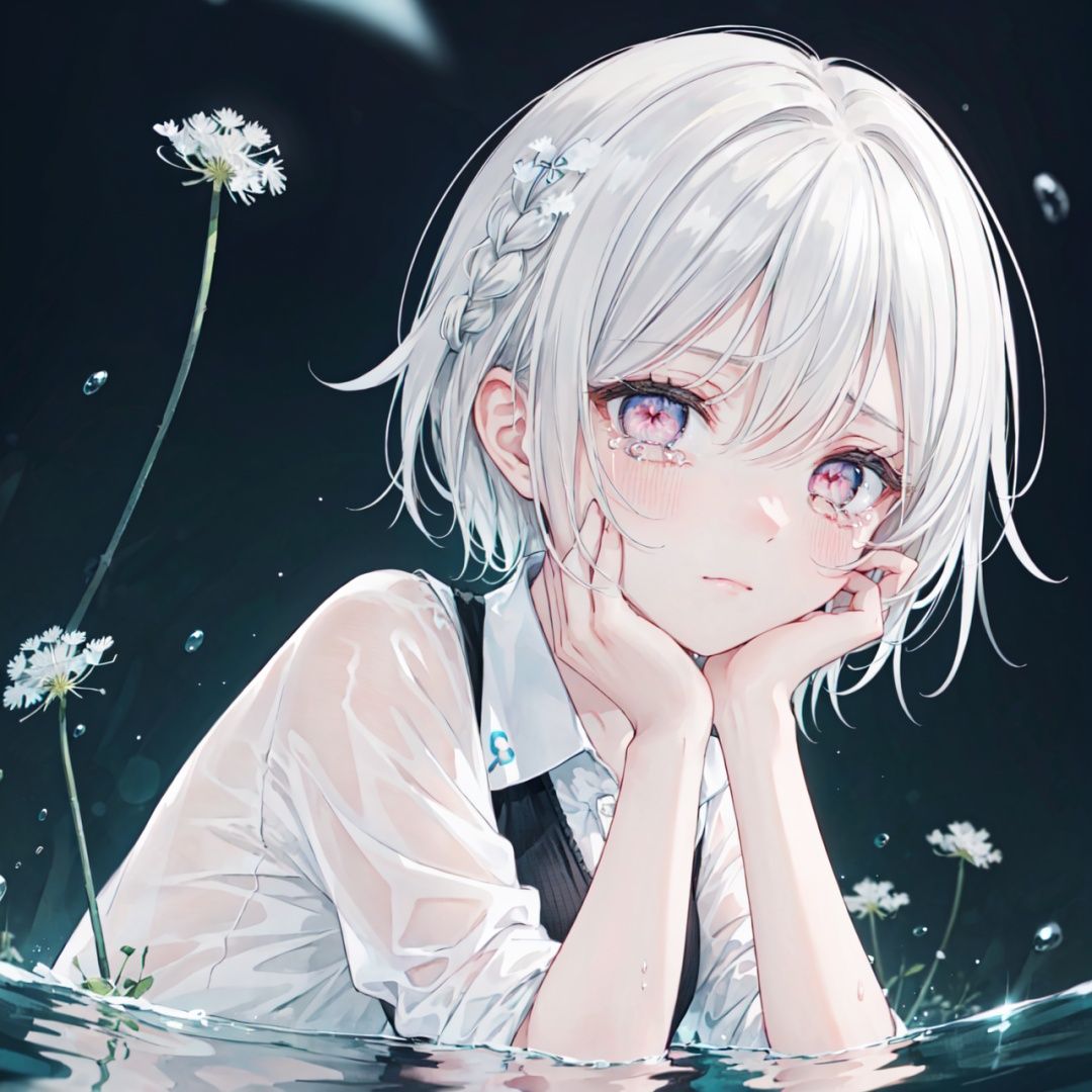  best quality,(chromatic aberration),(beautiful young female:1.4),(streaming tears),sad,(dandelion),(dandelion),(dandelion),looking at viewer,partially submerged,both hands on own cheek,{see-through long shirt},{no bra},(white hair, short hair, braid,bangs:1.2),(glowing eyes),ripples,dark water,black background,(prismatic),