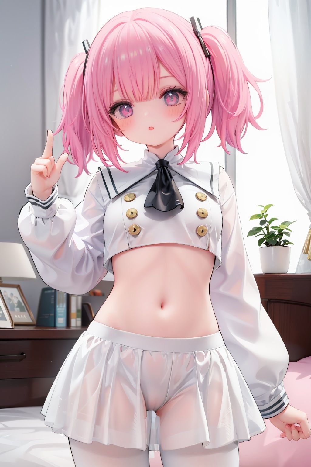  1girl,solo,, , small breasts, long sleeves, white serafuku, double-breasted, crop top, white skirt, white pantyhose, groin,bedroom, pink hair, medium hair, twintails,