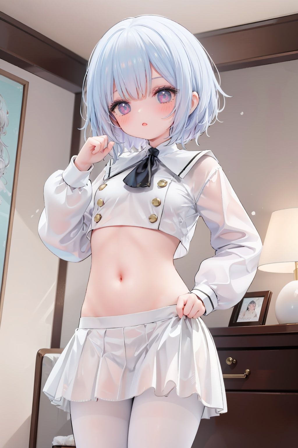 1girl,solo,, , small breasts, long sleeves, white serafuku, double-breasted, crop top, white skirt, white pantyhose, groin,bedroom,