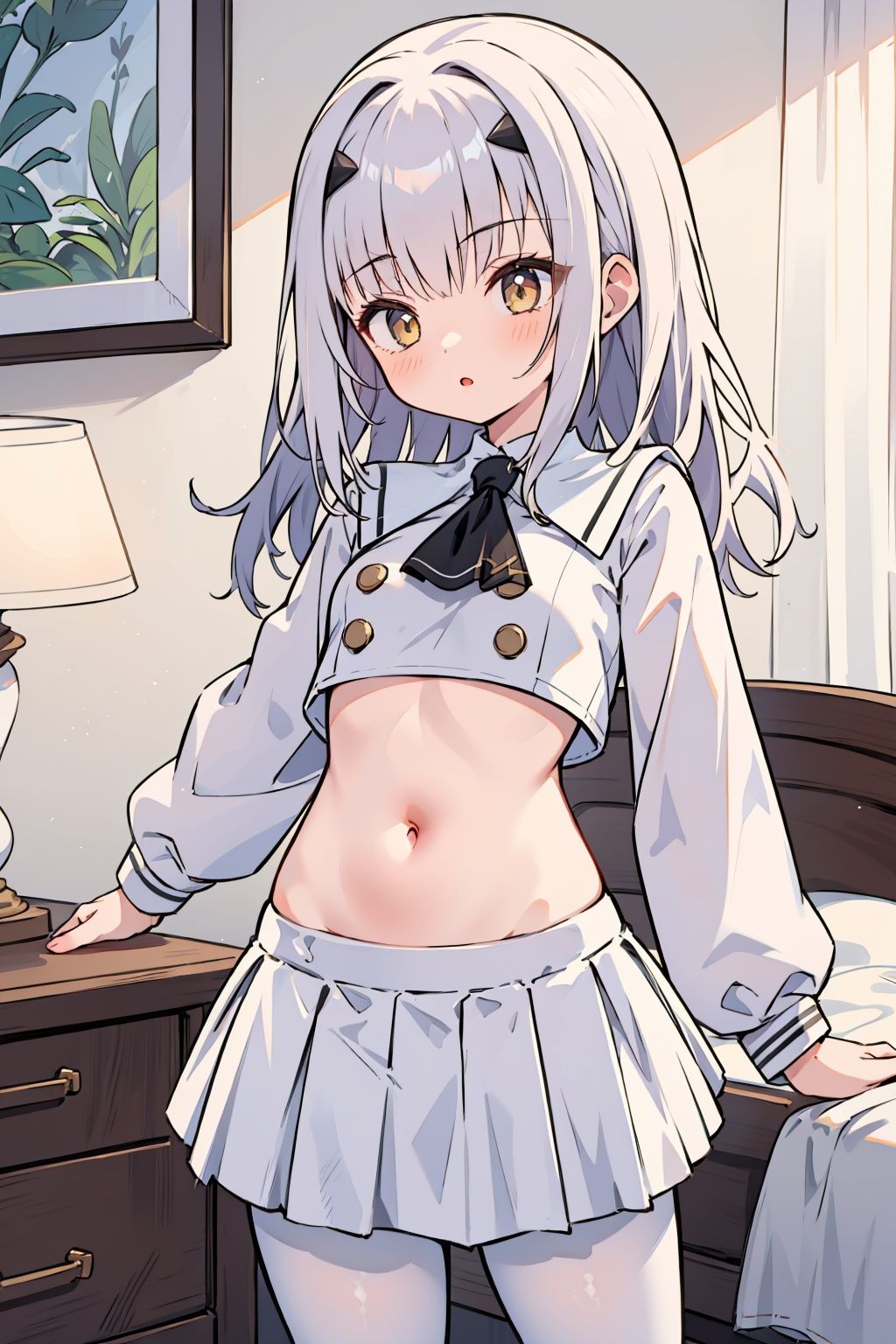 1girl,solo,  <lora:CostumeJanusSchoolUniformV1:1>,<lora:char-melusine:0.9> , small breasts, long sleeves, white serafuku, double-breasted, crop top, white skirt, white pantyhose, groin,bedroom, 