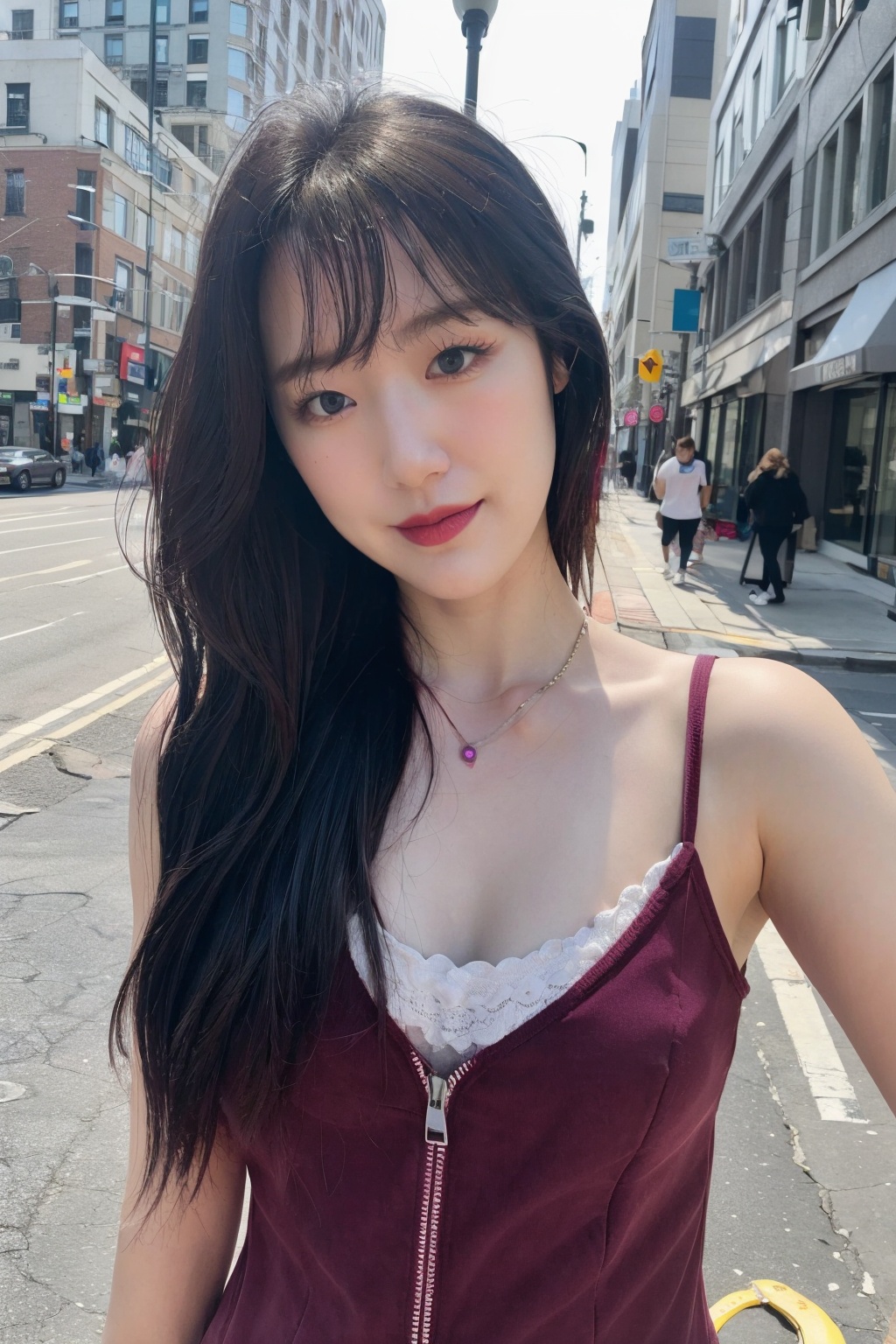 masterpiece, highest quality, extreme quality, Magenta clothes, street, upper body , babebiiie, glamour shot, seductive face,yeh_shaa, open clothes