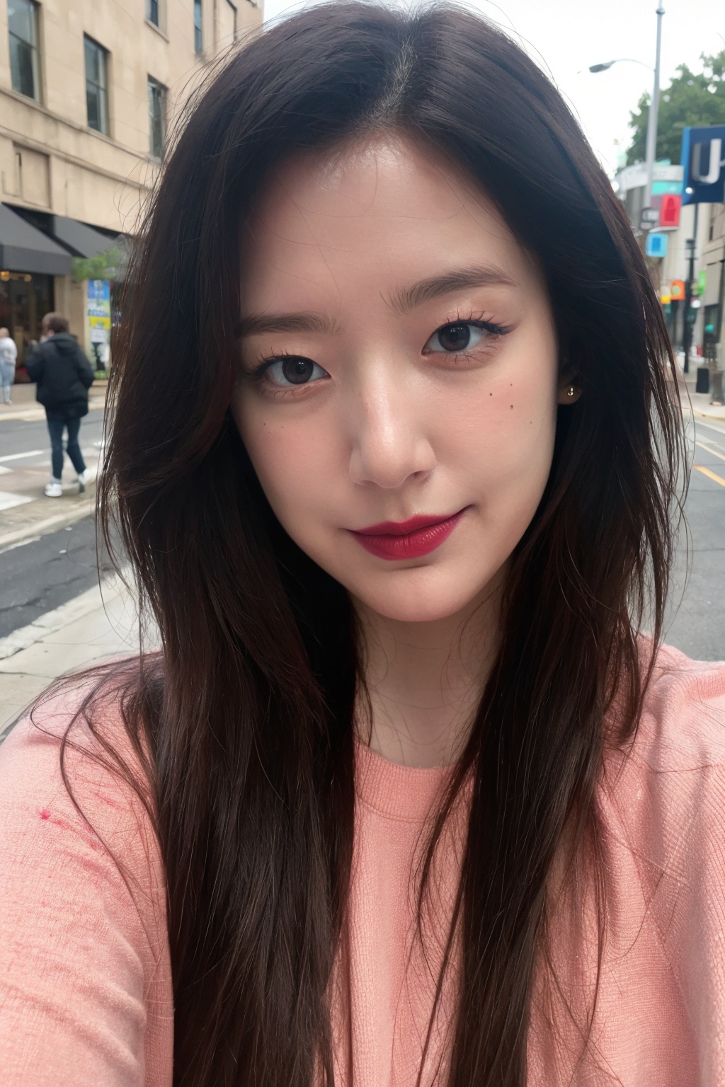 masterpiece, highest quality, extreme quality, Magenta clothes, street, upper body , babebiiie, glamour shot, seductive face,bam_15m,chutirada,aura_vadella,yeh_shaa