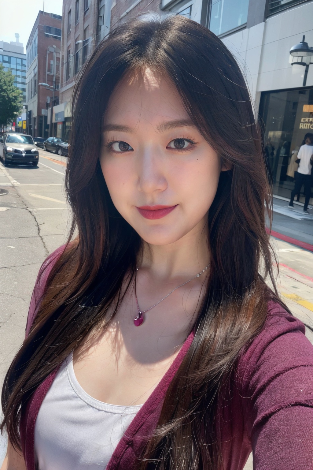 masterpiece, highest quality, extreme quality, Magenta clothes, street, upper body , babebiiie, glamour shot, seductive face,yeh_shaa, open clothes