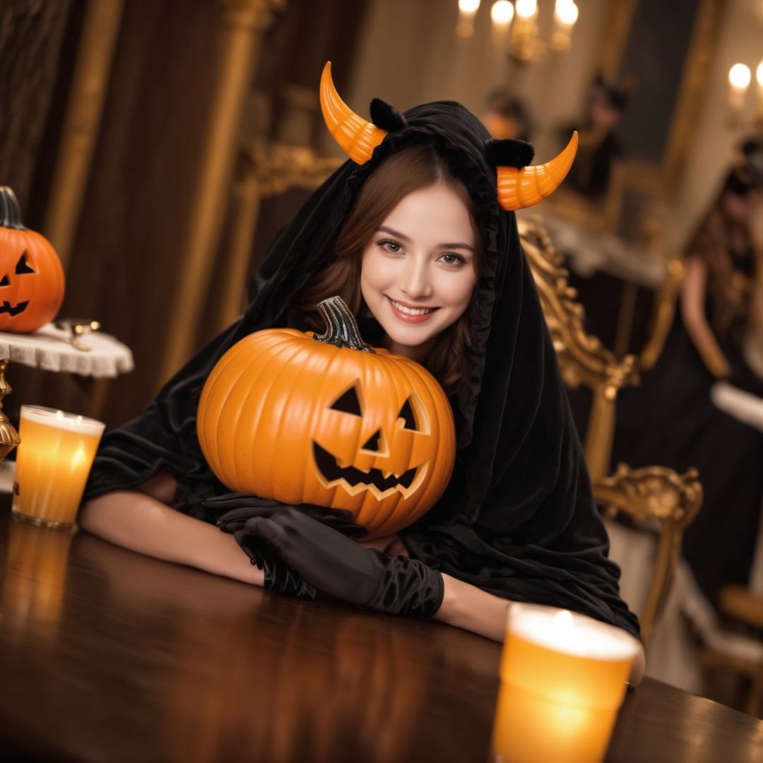 HDR,UHD,8K, best quality, masterpiece, absurdres,extremely detailed, BREAKhalloweencoser, wan4, mask, photo background, indoors, looking at viewer, sitting, solo, 1girl, multiple others, 1boy, vase, drinking glass, black gloves, robe, standing, flower, cup, smile, blurry, gloves, male focus, alcohol, table, horns, hood, solo focus, hood up, tableclothBREAKPumpkin, pumpkin lantern,BREAK<lora:halloweencoser-000008:1>