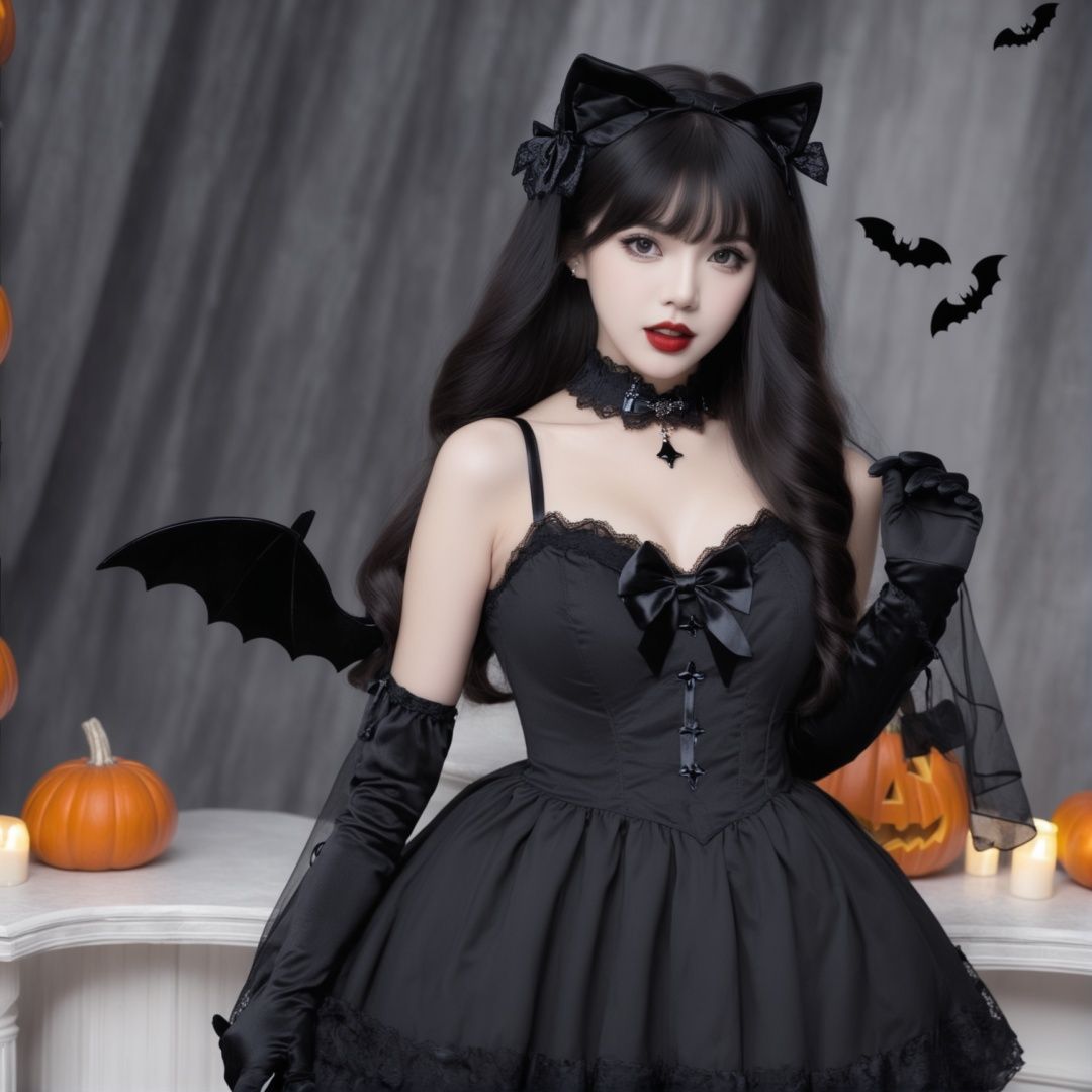 HDR,UHD,8K, best quality, masterpiece, absurdres,extremely detailed, BREAKhalloweencoser, wan5, 1girl, black hair, dress, solo, bat \(animal\), gothic, black dress, long hair, hand on hip, gloves, black nails, bare shoulders, lolita fashion, gothic lolita, lace, bangs, black eyes, looking at viewer, sleeveless, sleeveless dress, bow, cross, lips, fingerless gloves, copyright name, black gloves, hair bow, breasts, choker, elbow gloves, parted lips, grey background, standing, lace trim, nail polish, lace-trimmed dress, black bow, red lips, lace gloves, black theme, english text, open mouth, teeth, realistic, halloween, artist nameBREAKPumpkin, pumpkin lantern,BREAK<lora:halloweencoser-000008:1>