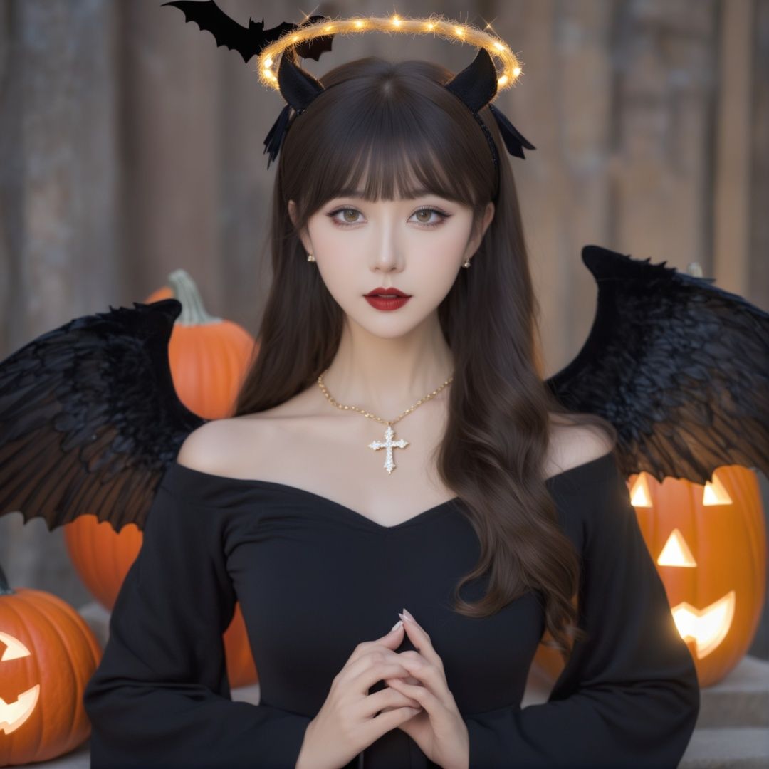 HDR,UHD,8K, best quality, masterpiece, absurdres,extremely detailed, BREAKhalloweencoser, wan4, 1girl, solo, wings, halo, necklace, jewelry, looking at viewer, mini wings, long hair, black hair, double bun, black dress, dress, bat wings, outstretched hand, brown hair, grey eyes, cross, artist name, off shoulder, bangs, hair bun, sweater, detached wings, realistic, black wings, sleeves past wrists, reaching towards viewer, lips, long sleeves, fingernails, open hand, cross necklace, red lips, parted bangs, hand on own chest, angel, black eyes, upper body, facial mark, hair ornament, two side up, parted lips, outstretched arm, makeupBREAKPumpkin, pumpkin lanternBREAK<lora:halloweencoser-000008:1>