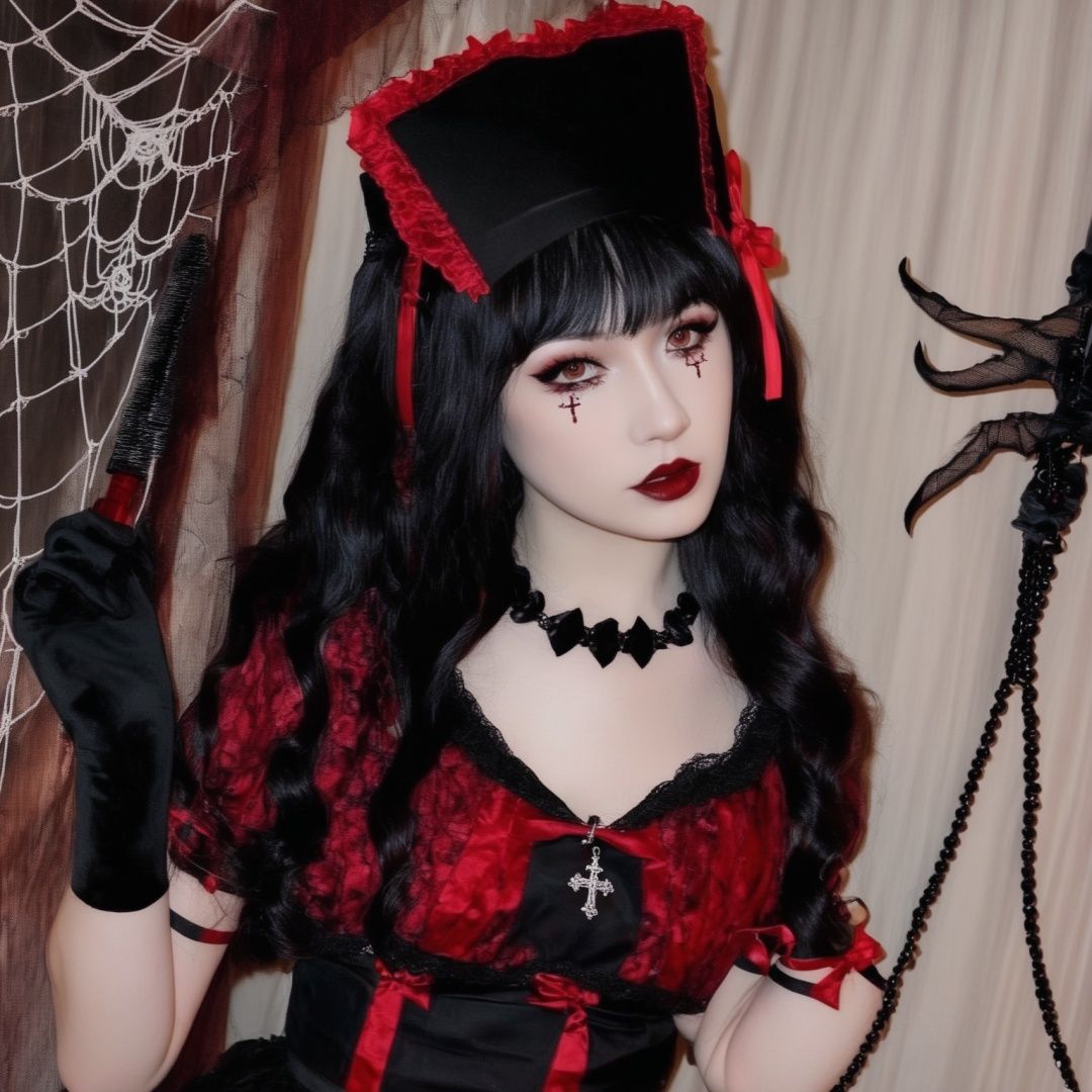 HDR,UHD,8K, best quality, masterpiece, absurdres,extremely detailed, halloweencoser, wan4, 1girl, black nails, solo, hat, red eyes, gloves, cross, long hair, black hair, red hair, jewelry, silk, dress, looking at viewer, black dress, fingerless gloves, spider web, nail polish, necklace, nurse cap, fishnets, gothic, holding, multicolored hair, makeup, bangs, fishnet gloves, traditional media, black gloves, gothic lolita, black headwear, facial mark, lolita fashion, black lips, cross necklace, syringe, fingernails, bare shoulders, two-tone hair, lipstick, holding syringe, eyelashes, lace, upper body, nurse, spider, lips, lip piercing, blood<lora:halloweencoser-000008:1>