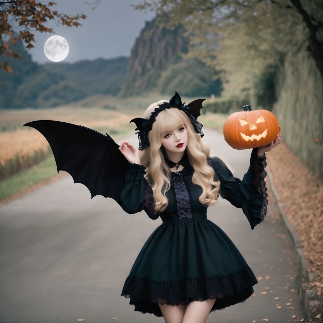 HDR,UHD,8K, best quality, masterpiece, absurdres,extremely detailed, BREAKhalloweencoser, wan4, 1girl, blonde hair, wings, long hair, moon, bat \(animal\), dress, bat wings, solo, lolita fashion, full moon, gothic lolita, looking at viewer, long sleeves, gothic, cross, lips, blurry, parted lips, black dress, lace, grey eyes, bangs, choker, blush, frills, black eyes, lace trim, vampire, teeth, red dress, wavy hair, depth of field, red lips, outstretched hand, headdress, wide sleevesBREAKPumpkin, pumpkin lantern,BREAK<lora:halloweencoser-000008:1>