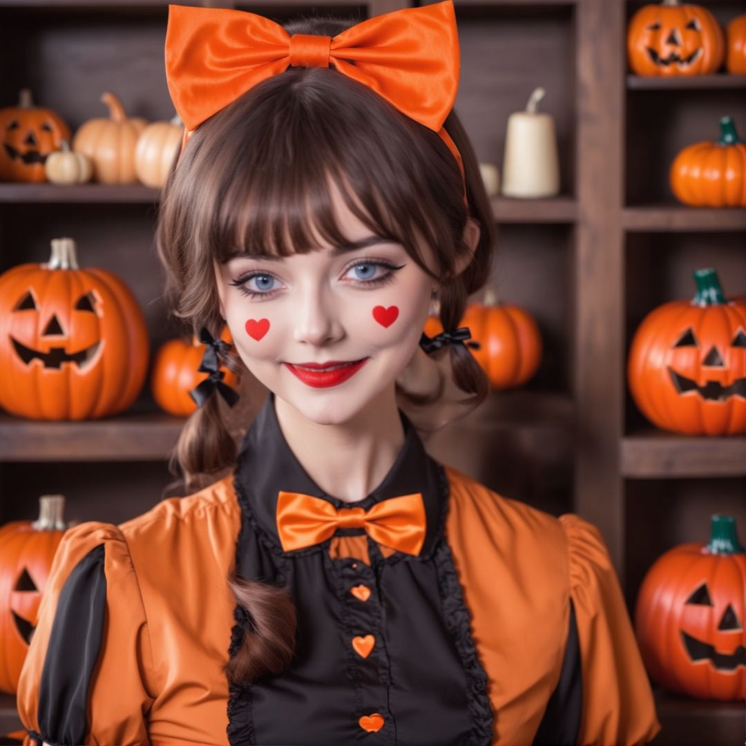 HDR,UHD,8K, best quality, masterpiece, absurdres,extremely detailed, BREAKhalloweencoser, wan4, 1girl, hat, solo, blue eyes, bangs, black hair, looking at viewer, black headwear, red lips, realistic, bow, halloween, facial mark, blurry, closed mouth, smile, heart, makeup, red bow, short hair, blunt bangs, facepaint, lips, bowtie, neck ribbon, shirt, red bowtie, red ribbon, black shirt, ribbon, jack-o'-lantern, nose, brown hair, facial tattoo, indoors, lipstick, upper body, dress, blurry background, collared shirt, depth of field, eyeliner, grey eyesBREAKPumpkin, pumpkin lantern,BREAK<lora:halloweencoser-000008:1>