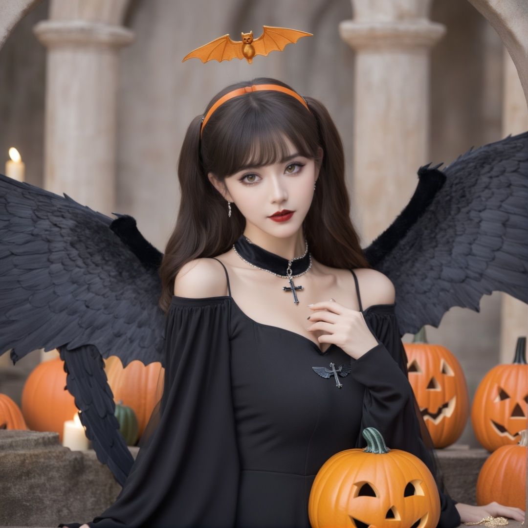 HDR,UHD,8K, best quality, masterpiece, absurdres,extremely detailed, BREAKhalloweencoser, wan4, 1girl, solo, wings, halo, necklace, jewelry, looking at viewer, mini wings, long hair, black hair, double bun, black dress, dress, bat wings, outstretched hand, brown hair, grey eyes, cross, artist name, off shoulder, bangs, hair bun, sweater, detached wings, realistic, black wings, sleeves past wrists, reaching towards viewer, lips, long sleeves, fingernails, open hand, cross necklace, red lips, parted bangs, hand on own chest, angel, black eyes, upper body, facial mark, hair ornament, two side up, parted lips, outstretched arm, makeupBREAKPumpkin, pumpkin lanternBREAK<lora:halloweencoser-000008:1>