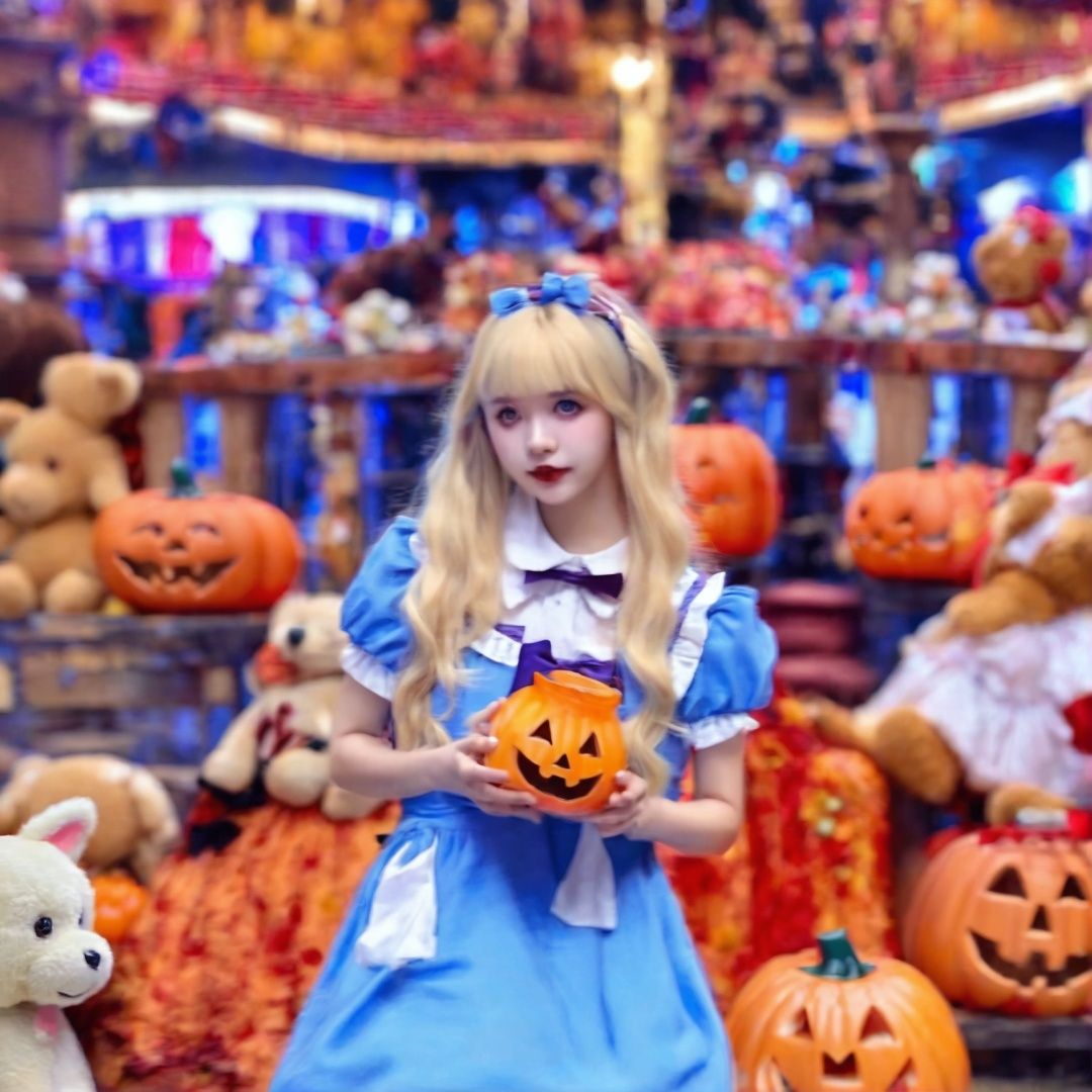 HDR,UHD,8K, best quality, masterpiece, absurdres,extremely detailed,halloweencoser, wan3, 1girl, blonde hair, blue eyes, dress, alice \(alice in wonderland\), blood, bow, stuffed toy, jack-o'-lantern, long hair, hair bow, pumpkin, stuffed animal, realistic, blue dress, solo focus, holding, blood on face, halloween, apron, bangs, lips, shoes, sneakers, holding stuffed toy, blood on clothes, blue bow, red lips, horror \(theme\), teddy bear, looking at viewer, cosplay<lora:halloweencoser-000009:1>
