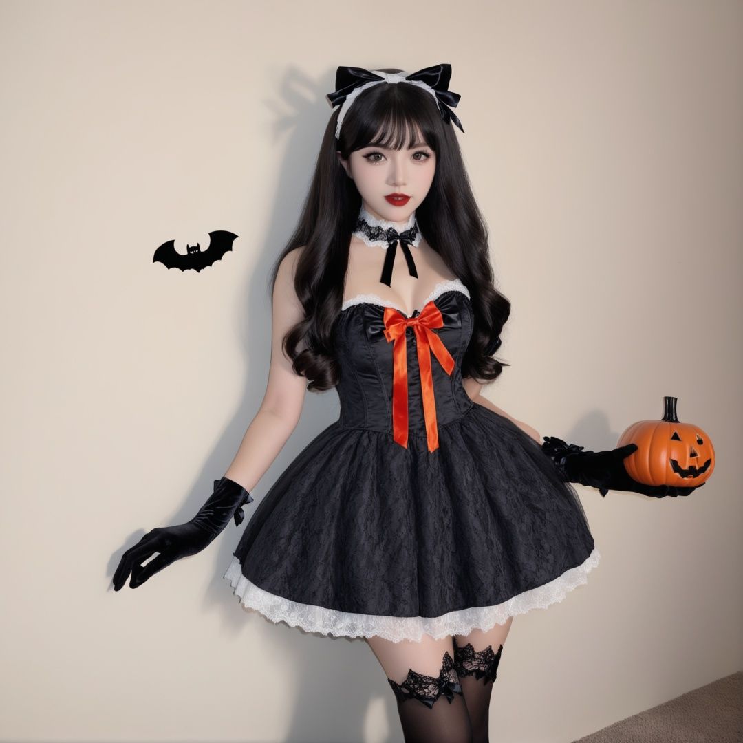 HDR,UHD,8K, best quality, masterpiece, absurdres,extremely detailed, BREAKhalloweencoser, wan5, 1girl, black hair, dress, solo, bat \(animal\), gothic, black dress, long hair, hand on hip, gloves, black nails, bare shoulders, lolita fashion, gothic lolita, lace, bangs, black eyes, looking at viewer, sleeveless, sleeveless dress, bow, cross, lips, fingerless gloves, copyright name, black gloves, hair bow, breasts, choker, elbow gloves, parted lips, standing, lace trim, nail polish, lace-trimmed dress, black bow, red lips, lace gloves, black theme, english text, open mouth, teeth, realistic, halloween, artist nameBREAKPumpkin, pumpkin lantern,BREAK<lora:halloweencoser-000008:1>