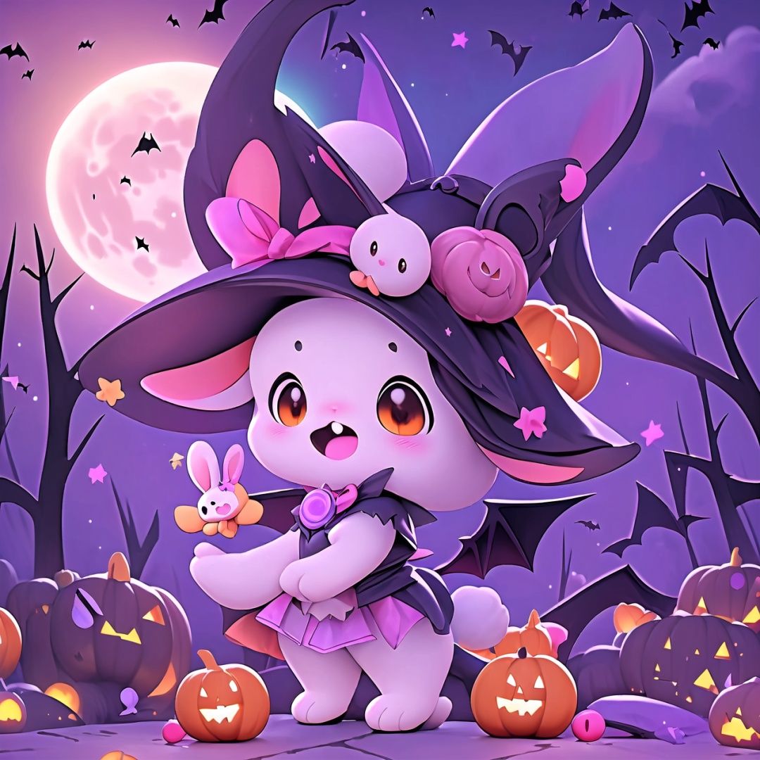  Best quality,8k,cg,Rabbit,candy,Halloween,night,Moon, bat,hat