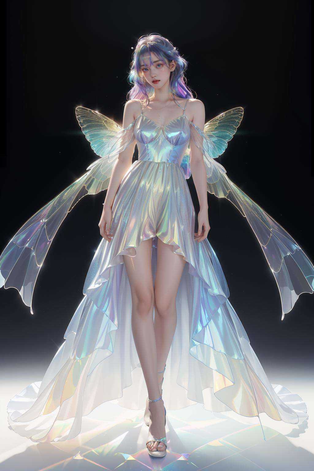1girl, full body, fairy dress, (iridescence:1.2), jewelry, white background, long hair,<lora:liuli3beta:1>
