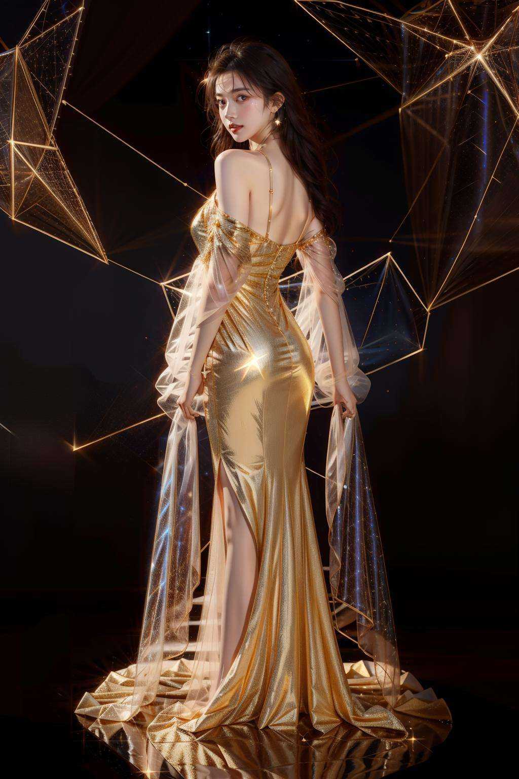 1girl, constellation, full body, <lora:constellation:1>, look back, golden dress, see through