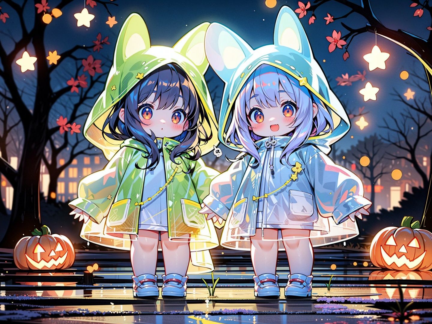 masterpiece,best quality,4k,2girls,multiple girls, raincoat,pop style,glowing,colorful,looking at viewer,halloween,pumpkin,blush,long hair,bangs,brown hair,animal ears,brown eyes,standing,outdoors,shoes,blurry,tree,see-through,night,blurry background,animal hood,<lora:GlowingPP:0.7>,