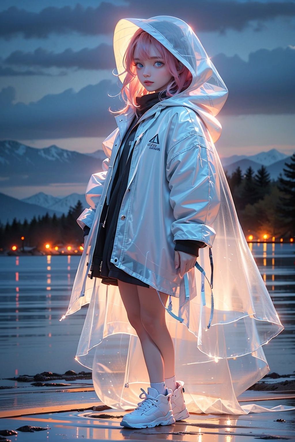 masterpiece, best quality, 4k, 1girl, raincoat, pop style, glowing, blue, blue glowing, solo, looking at viewer, bangs, full body, pink hair, outdoors, sky, shoes, blue eyes, mountain,night