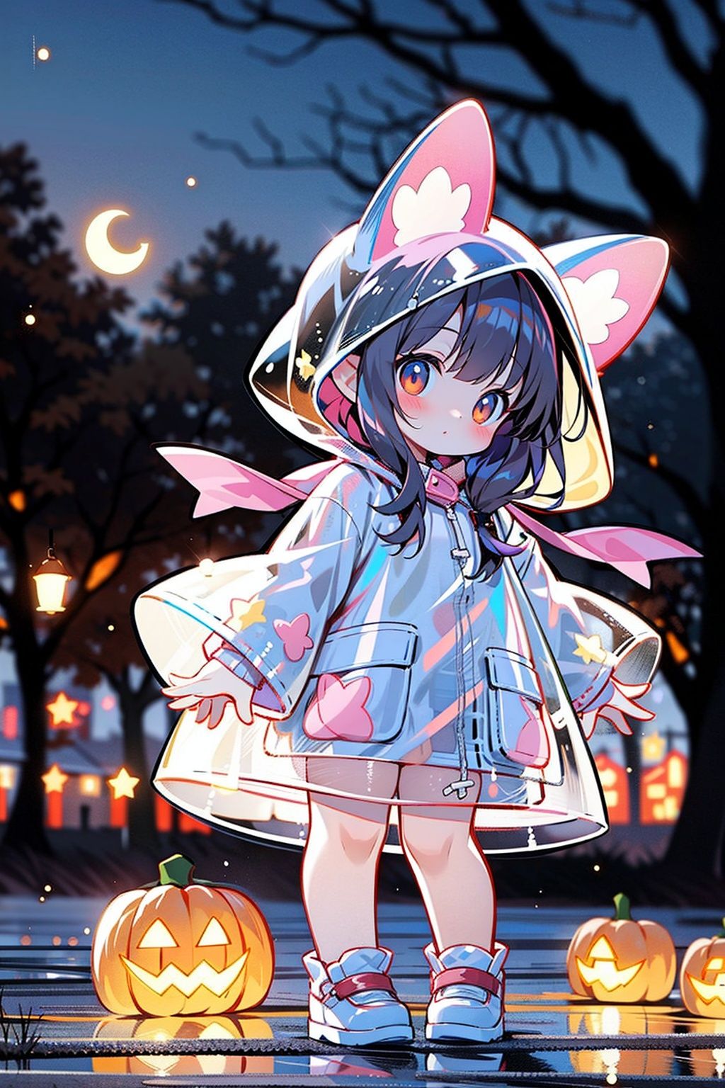 masterpiece,best quality,4k,1girl,raincoat,pop style,glowing,solo,looking at viewer,halloween,pumpkin,blush,long hair,bangs,brown hair,animal ears,brown eyes,standing,outdoors,shoes,blurry,tree,see-through,night,blurry background,animal hood,<lora:GlowingPP:0.7>,