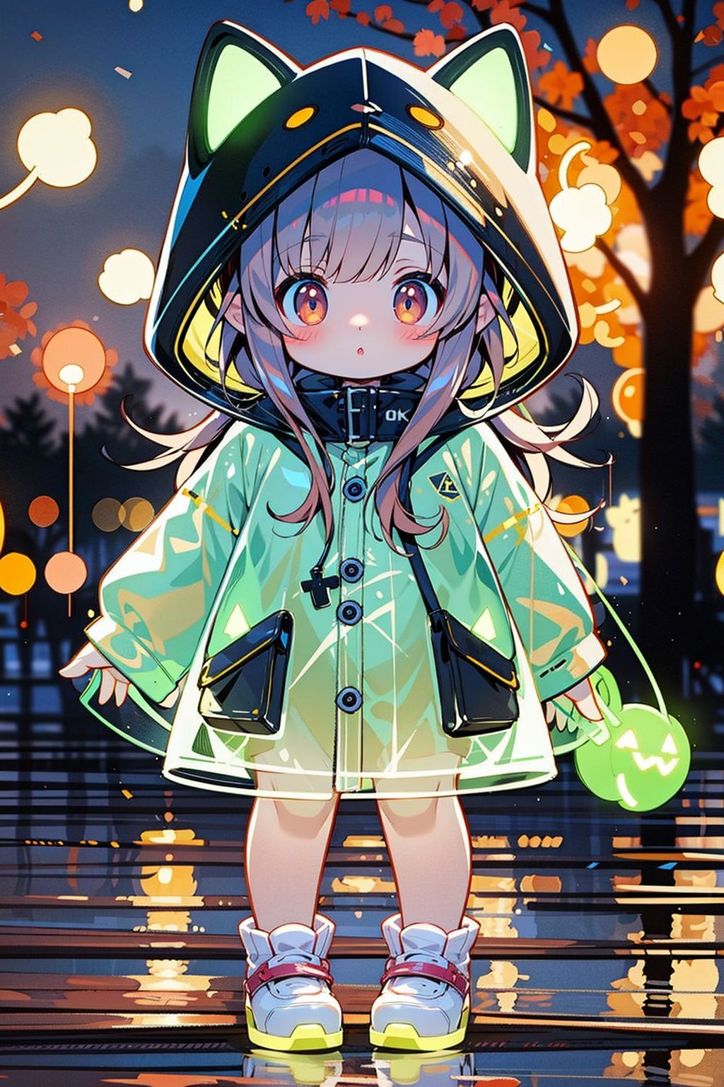 masterpiece,best quality,4k,1girl,raincoat,pop style,glowing,solo,looking at viewer,halloween,pumpkin,blush,long hair,bangs,brown hair,animal ears,brown eyes,standing,outdoors,shoes,blurry,tree,see-through,night,blurry background,animal hood,<lora:GlowingPP:0.7>,