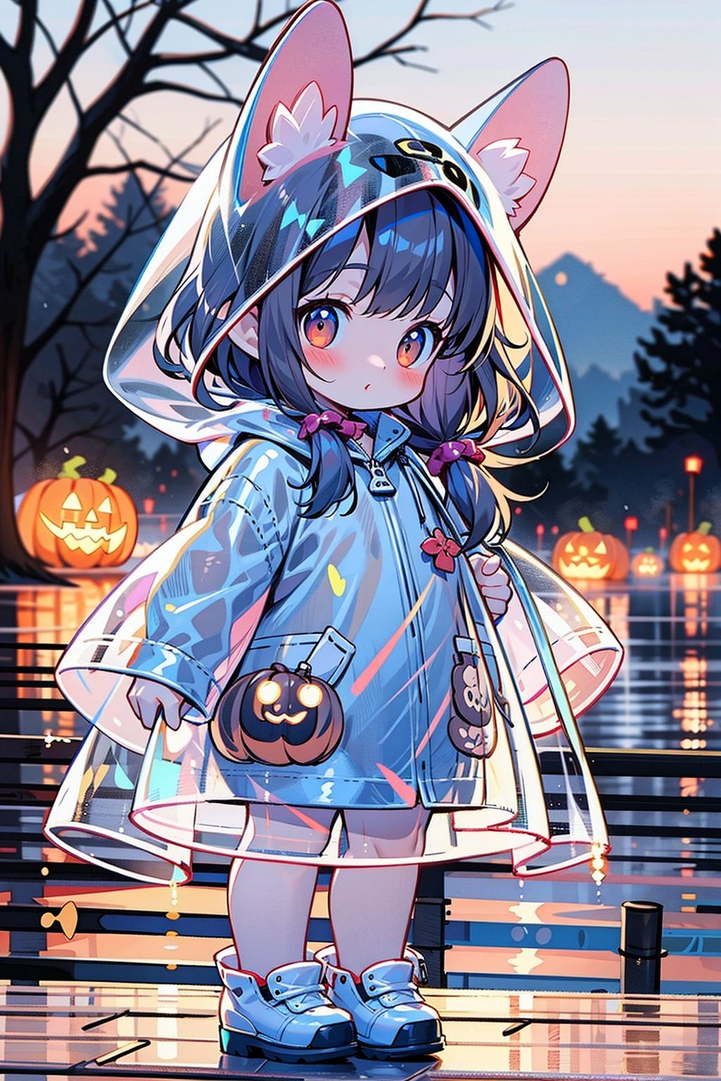 masterpiece,best quality,4k,1girl,raincoat,pop style,glowing,solo,looking at viewer,halloween,pumpkin,blush,long hair,bangs,brown hair,animal ears,brown eyes,standing,outdoors,shoes,blurry,tree,see-through,night,blurry background,animal hood,<lora:GlowingPP:0.7>,