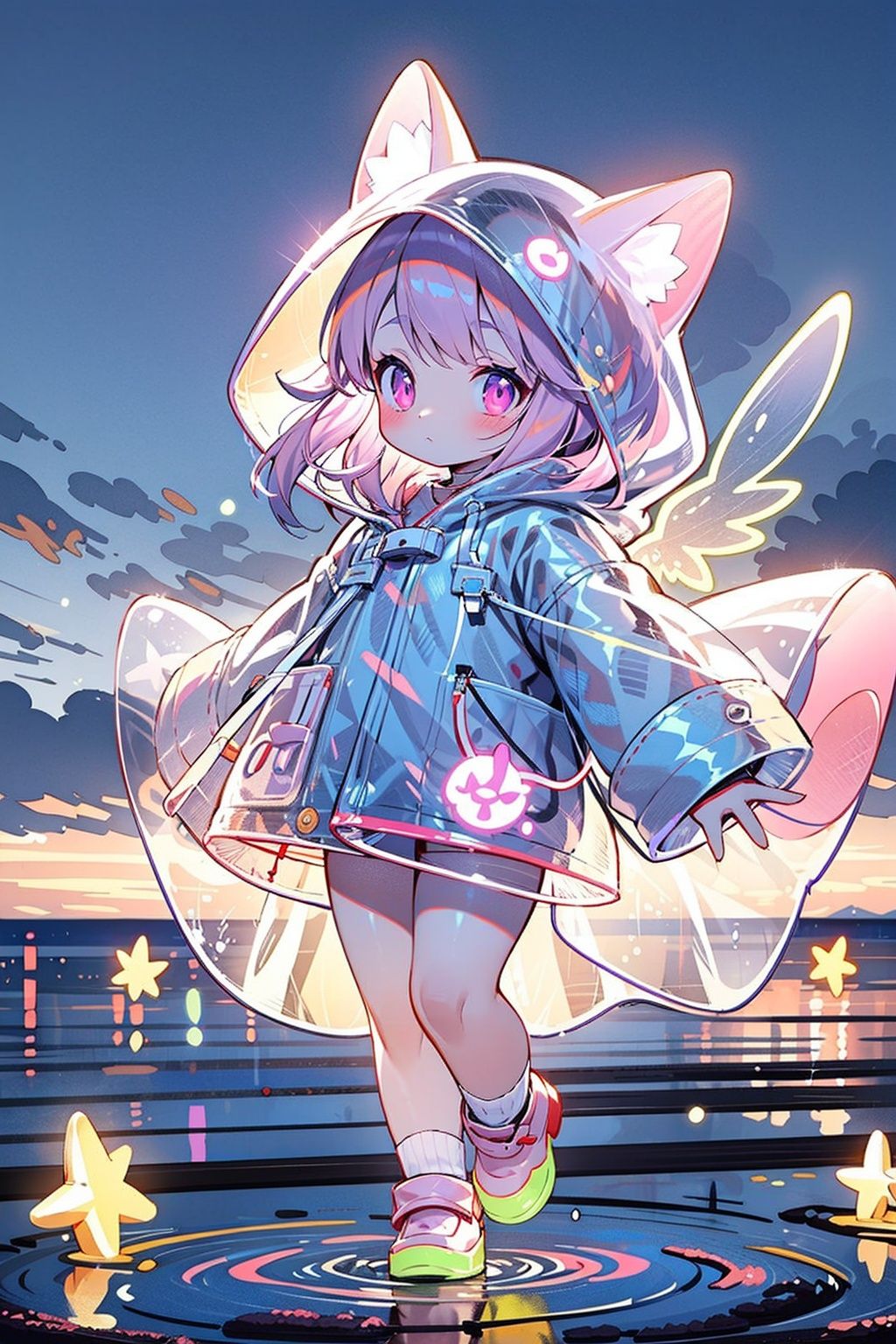 1girl,raincoat,pop style,glowing,purple,purple glowing,solo,looking at viewer,bangs,animal ears,closed mouth,flying in sky,full body,pink hair,outdoors,sky,socks,pink eyes,water,flying,<lora:GlowingPP:0.7>,