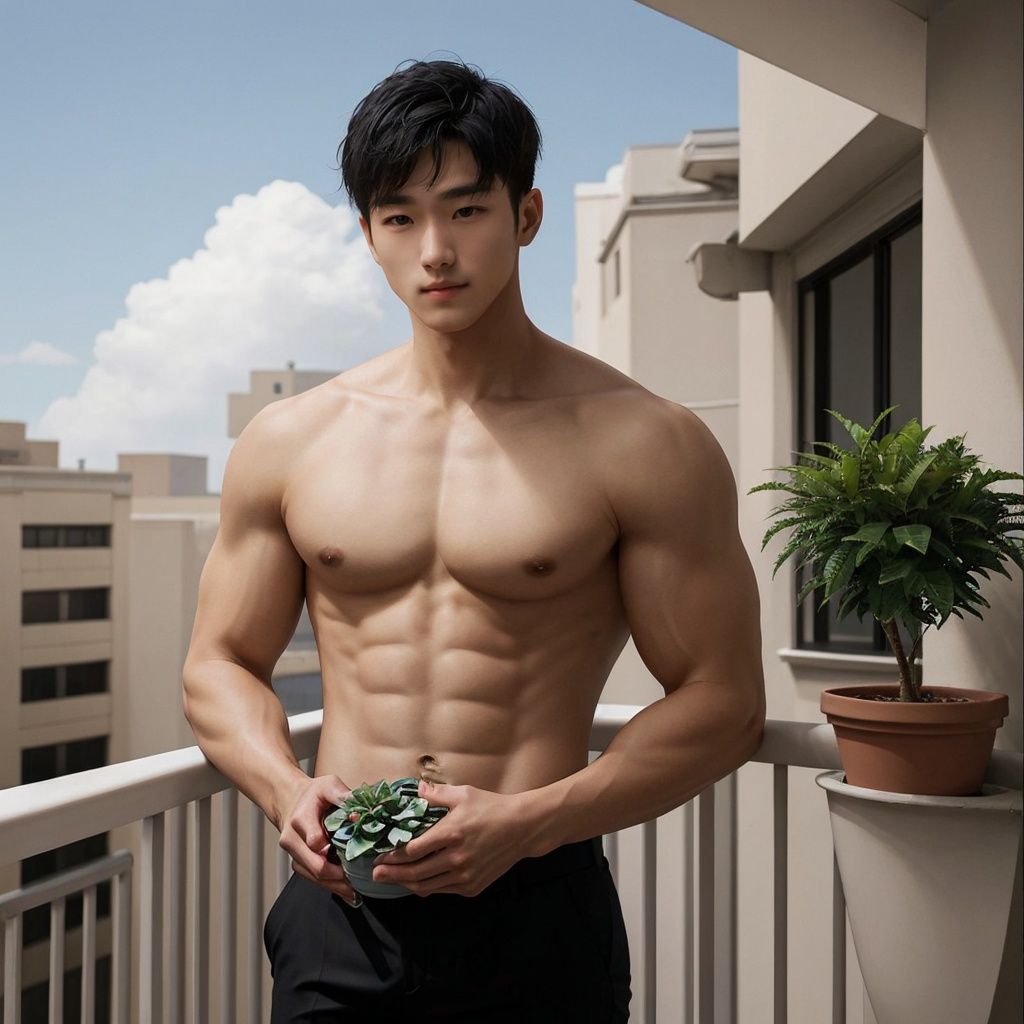 masterpiece, 1 Man, Suit, Outdoor, Light blue sky, balcony, Potted plant, White flower, Body hair, Muscular development